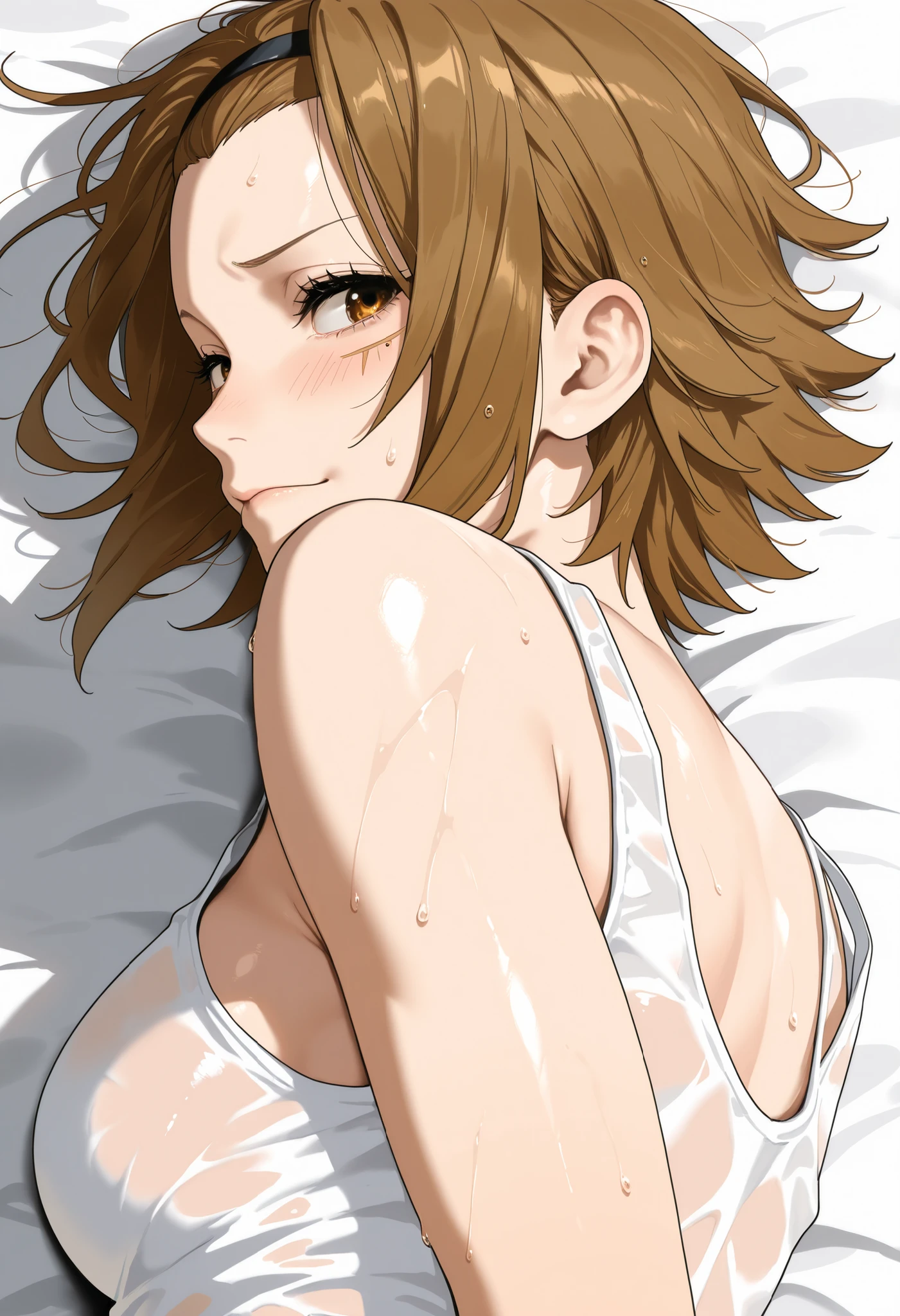 extremely detailed wallpaper,sharp focus,soft light,beautiful eyes,perfect anatomy,higher,super detailed,professional lighting,depth of field,detailed beauty face,perfect limbs,highest quality,high resolution,elementary school student,140cm hig,((small breast)),((black eyes)),girl body,((embarrassing)),(no bra,panties,white coat),lying on bed,from above,whole body,(hide breast with hands)
