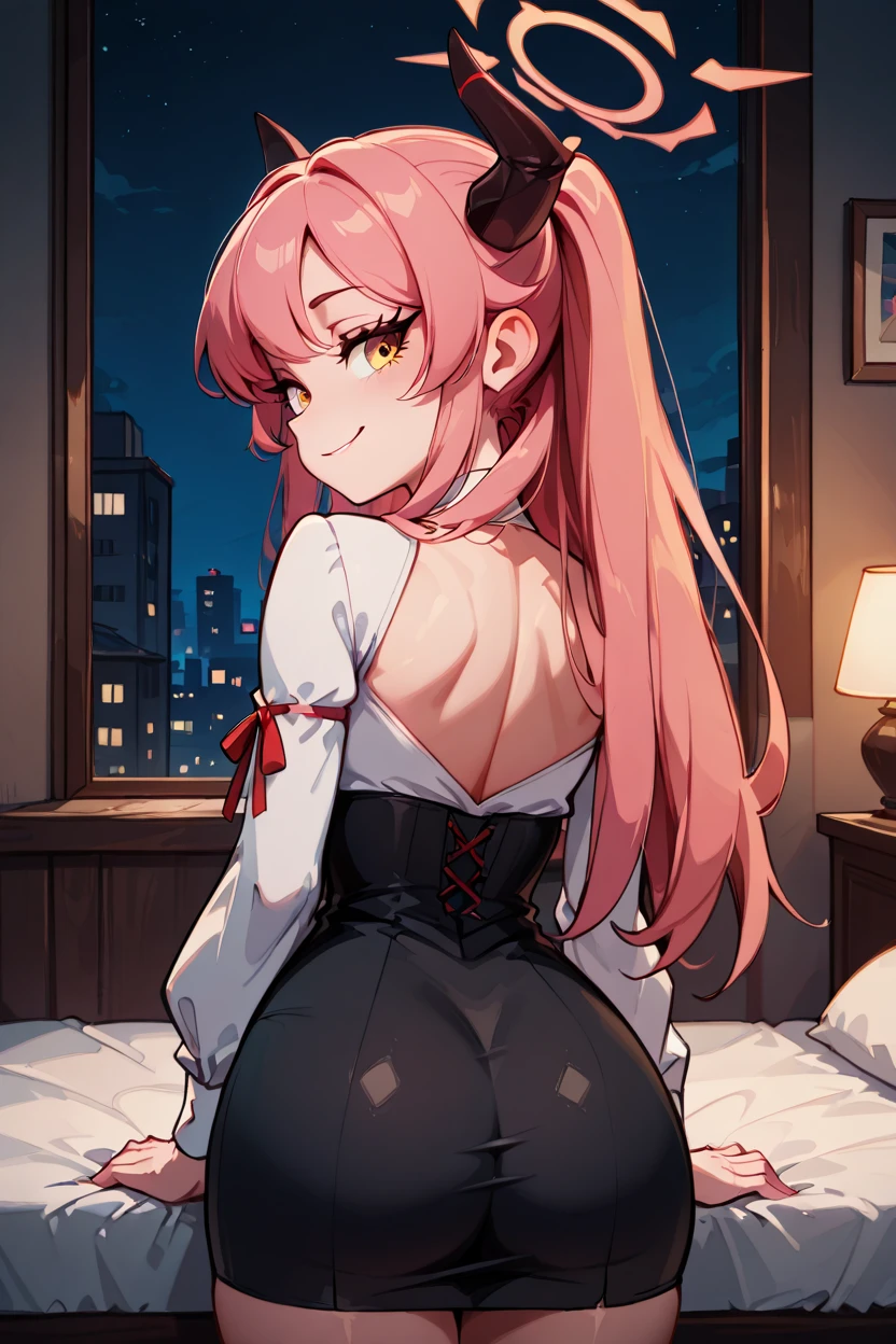 ((masterpiece)), ((best quality)), ((illustration)), ((anime coloring)), ((8k)), nsfw, vulgarity, (pointy breasts), narrow waist, ((black detailed lacework all sheer playboy bunny)), stockings, cute, a anime 20s female, ((dark skin:1.4)), red hair, green tale, ponytail, smile, ((front view)), bedroom, night,