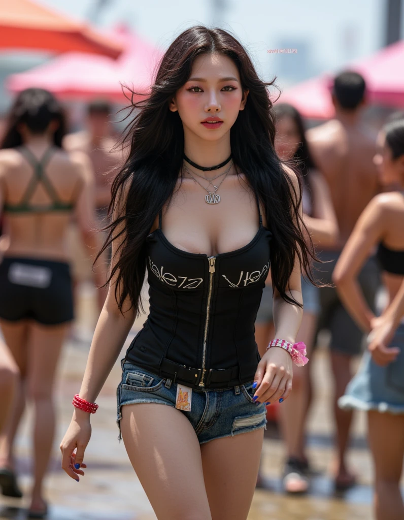 A belly dancer girl dancing on street, golden bikini, cleavage, colossal tits, beautiful face, bracelets, necklace, crowded background, 8k, insane details, colossal tits:1.2, golden long hair, (smiling:0.7), ultra high resolution, sharp, intricate, professional photograph, sfw
