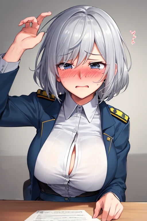 NSFW,(One girl:1.5),miorine1、miorine rembran、Asticasia uniform、solo、Long Hair、Grey Eyes、Grey Hair、Ahoge、Seamed legwear、green micro mini skirt、tie、bangs、Hair between the eyes、Black Pantyhose、Long sleeve、Green jacket、Floating Hair、赤いtie,(Perfect hands),(Perfect Anatomy),(masterpiece),(Highest quality),Embarrassed,blush,(train:1.8),(Being molested:1.5),(Sexual pleasure:1.7),Are standing,(男性が背後にAre standing:1.5)