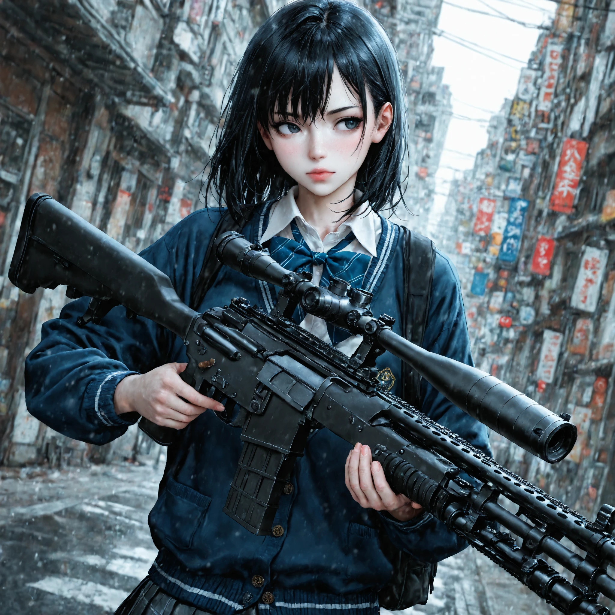 (masterpiece:1.4),(best quality:1.4)(high_resolution:1.1),(detailed),Graphic_Novel,(detailed city background),1girl, (upper_body ),surprised face ,White skin,medium_breasts,jacket,jeans, dramatic light, gun, weapons, holding weapon, assault rifle, aiming at viewer, <lora:hKHK416Lora_v20:0.6>,
<lora:virtualgirl-aim_v2:0.5>, virtualgirl-aim, medium breasts, straight hair, long hair, black hair, black eyes, <lora:virtualgirlAim_v20:0.3>