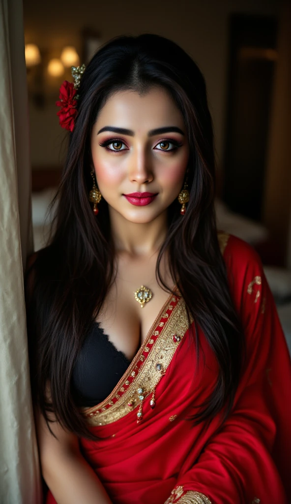 lucy pinder, face portrait, portrait, beautiful face, cleavage, red lips, smiling, curly hair, black hair, long hair, indian saree blouse blouse