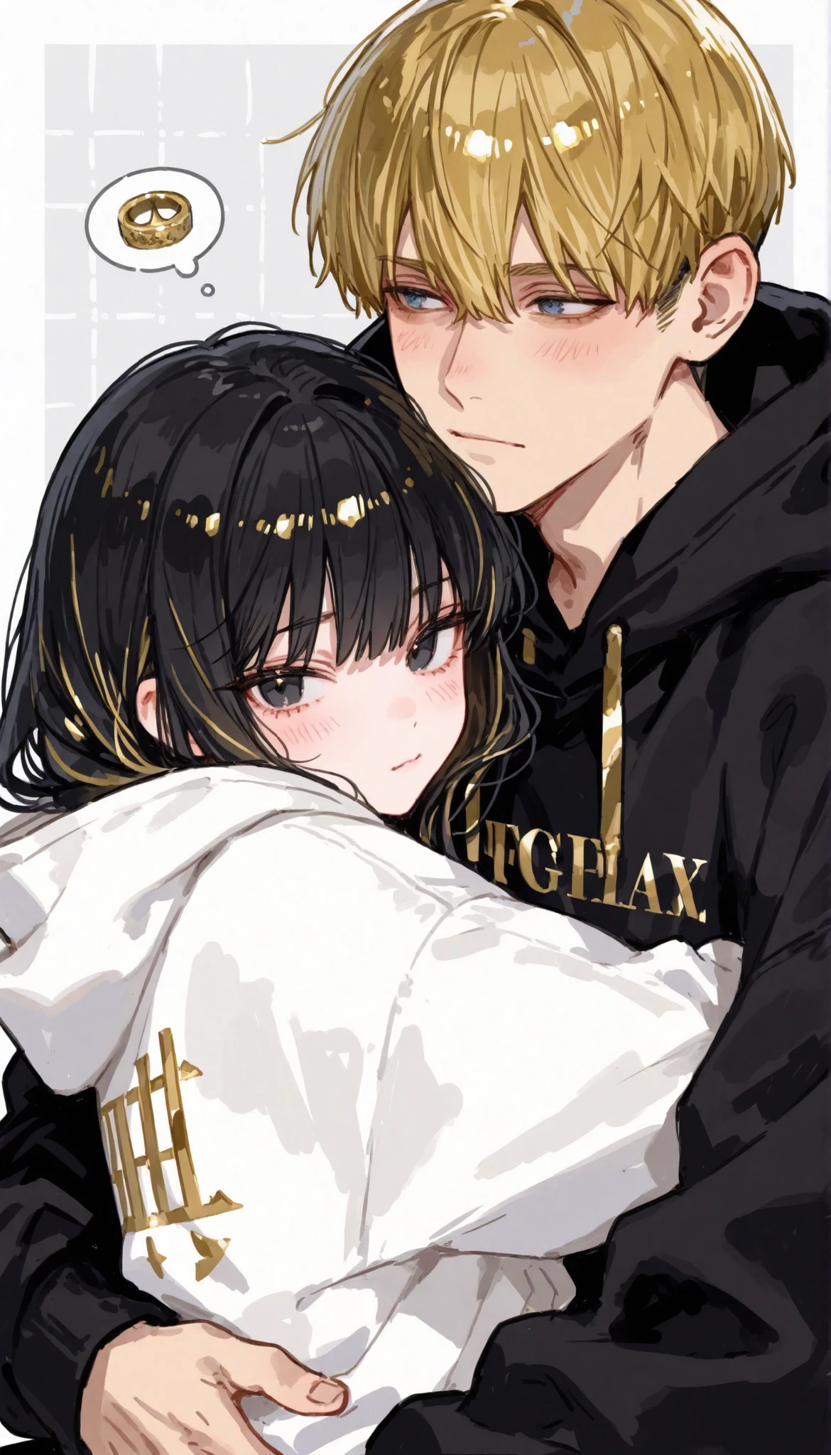 1man, 1woman、(black haired woman in a black hoodie)、(gold haired man in a white hoodie)、hugging from behind、cute