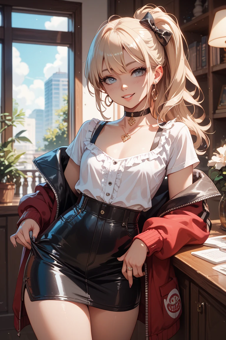 girl at a nightclub sitting at bar, eyeliner (masterpiece) (best quality) (detailed) (8k) (HDR) (wallpaper) (cinematic lighting) (sharp focus) (intricate) blonde hair, biting lip, medium hair, white and gold, sexy, blush, aroused, cleavage, shiny , wet skin, girl, dark makeup, action pose, jumping over bar, white shirt blazer and plaid skirt