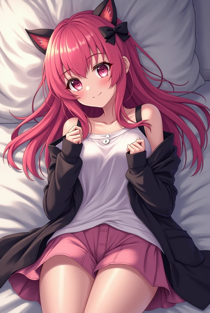 garota de cabelo rosa, franja, olhos rosa, pijama preto, Deitado na cama, vistas noturnas, escuro, rubor, molhado, suor, shy, com sono, Tangtopo, esposa, lamber, language, adulta