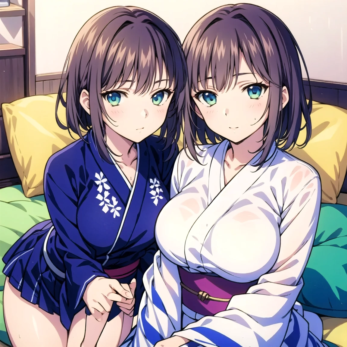 Anime Moe Art Style,Highest quality,High resolution,Anatomically correct,Multiple Girls,Mid-teens,Mr.々Hair style,Super detailed,Big Breasts,Shiny skin,Beautiful Skin,A rich expression,A big smile,high school girl,Nipples are visible,yukata,hostel,Japanese-style room,Show off your chest,Naked upper body,Sexy pose,Sit on the futon,Eyes drawn in detail,8K