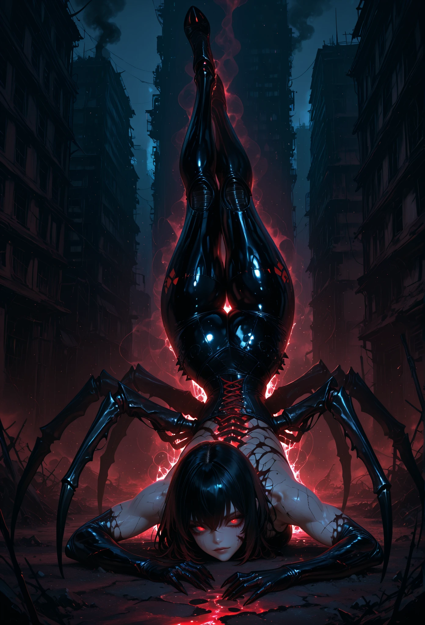 The subject of the image is a man with short black hair and red eyes. While being raped by the machine, the man's mouth and anus are violated by tentacles made from the machine, and his body floats in the air. Mechanical Rape, Man, the focus is a naked man tied to several thick wire cords and suspended in the air. Dim lighting, mechanical tentacles running around, raping the man as if he were a living thing. Deep throat, penis, semen flowing from anus, anal, man getting fucked. Torn clothes, dripping mucus, and a thick mechanical cord in his mouth. A man is anally raped by a thick mechanical tentacle.