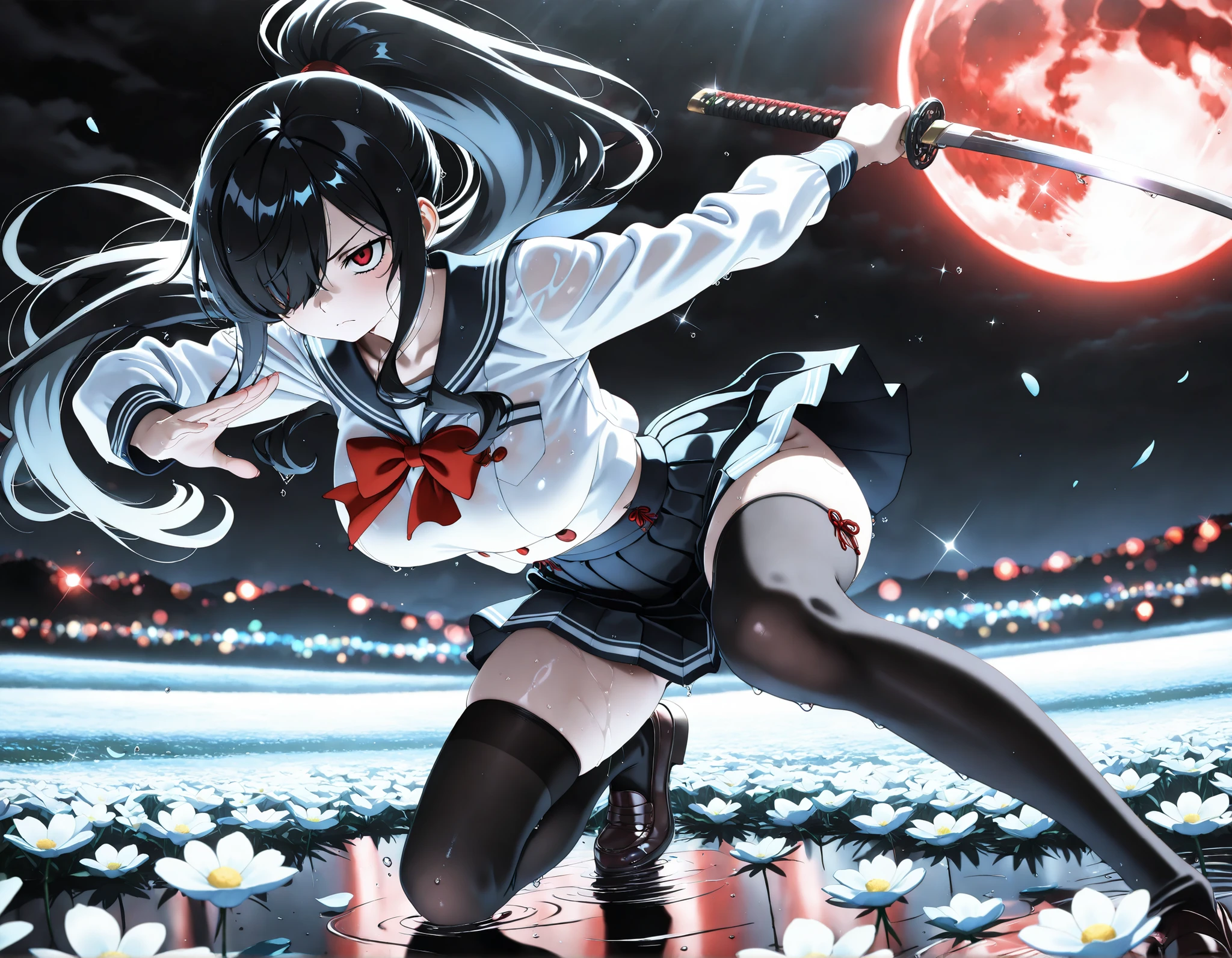 masterpiece, top quality, Super Detailed, 8k, full body, dynamic poses, cinematic lighting, solo, 1girl, Kuroki Monika, black hair, very long hair, hair over right eye, red eyes, large breasts, (petite but curvy, very cute),
  Japanese High School Girl , pleated skirt, sailor collar, black thigh high socks,  glossy skin,  katana spinning through the air, Confident Expression,  Desolate World 、Black sky and red moon、small flower field on dead earth, raindrop, Wet, Disconnect,  ponytail in a low position, serious expression, Semi-realistic, anime style, two dagger. black blades, masterpiece, best quality, amazing quality, very aesthetic, 8k, HDR, cinematic, Glowing_Lights, glowing_light, glowing, glowing_effect, sparkling, particles, sparkle_effect, light_particles, glitter, glitter_effect, bokeh, light_bokeh, light_reflection
