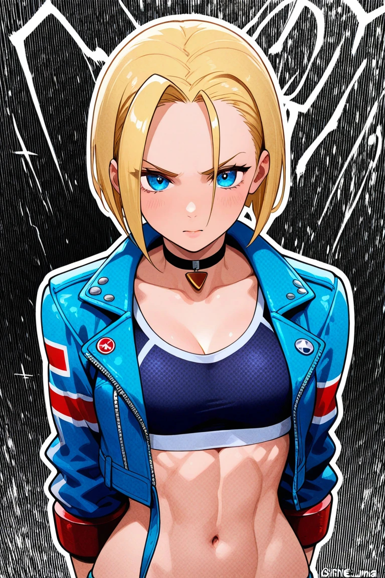 1girl, android18 ( Krillin's wife) of Cammy White, Blonde hair, blue eyes, blue british jacket, breasts, cammy white, choker, crop top, cropped jacket, Denim, jacket, Jewelry, leather, leather jacket, looking at viewer, midriff, multiple girls, navel, open jacket, scar, short Blonde hair, sports well, white hair, She is slightly flushed with eyes slightly closed at mid-height similar to Rest bitch face. with the corner of the mouth slightly downward. has a gesture of slight discomfort., blue eyes, medium breasts, midriff, a little Tsundere actitud. I gave you a photo for the reference. I want that you copy everything from that reference: The pose and the hair cut1girl, android 18, Blonde hair, blue eyes, breasts, choker, crop top, cropped jacket, Denim, jacket, Jewelry, looking at viewer, midriff, navel, open jacket, short hair, Focus only, sports well (masterpiece, Best Quality:1.3),beautiful detailed glow,better illuminate,(((Best Quality,textile shading,ultra detailed))),extremely detailed CG unity 8k wallpaper,Muy detailed, beautiful and aesthetic.,better light,High resolution,detailed,dynamic lighting , 1 character , faded pastel colors , cellular shade , Suave, dull shadows ,Colores Suaves ,sword art online art style She is wearing a tight suit, one-piece jumpsuit in a stylish, Deep black color with subtle shine, The jumpsuit features a high neckline and a zipper that extends from the neck to the waist.., The jumpsuit has short sleeves with a white Nike logo on each arm.., The jumpsuit extends to the fitted cut., long pants with tapered design, The pants have a white stripe on each side.., Stunning woman , short hair , by rubio , blue eyes , without students , pink lips , Pale skin , 26 years,