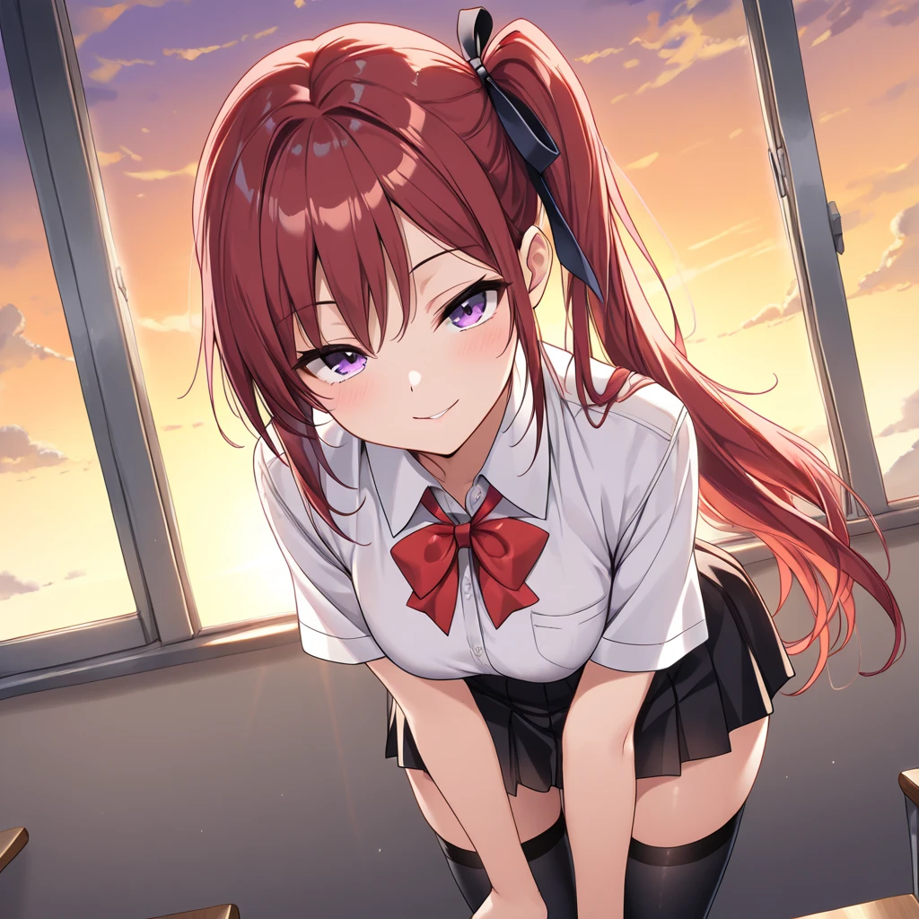 (top-quality, 8K, masterpiece, Top image quality, Hi-Res, super detailing, Ultra HD, (Delicate and smooth skin, real looking skin, Perfect and beautiful face ,Perfect and cute face, high detail skin, Perfect limbs)),, 1girl , antenna hair , black necktie , blush , cleavage , closed mouth , collarbone , heterochromia , large breasts , long red hair , looking at viewer , necktie , black pleated skirt, red eyes , short sleeves , sitting on bench , smile , smug , solo , thighs , white shirt, houshou marine (hololive)