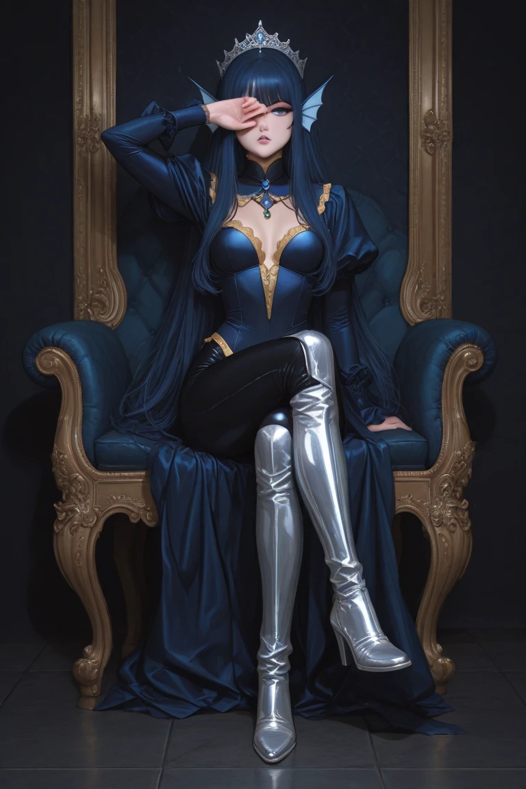 Gal gadot, sorceress, floating magical blue hair, skimpy black latex bikini, tall and skinny, medium perky breasts, black fishnet stockings, sitting on a throne in front of a huge fireplace, open palm with a floating orb of magic, sensual, alluring, erotic, seductive smile, magical looking throne room, paintings of bdsm on the wall, candles