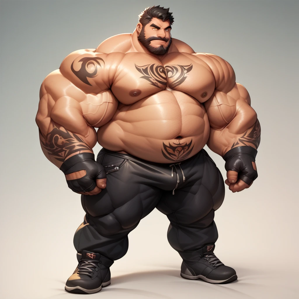 ultra realistic, unreal engine 5, anatomically correct, mature male, zangief, very dark skin, thick eyebrows, black mohawk, brown eyes, beard, scar, tanktop, biker clothes, riding motorcycle,