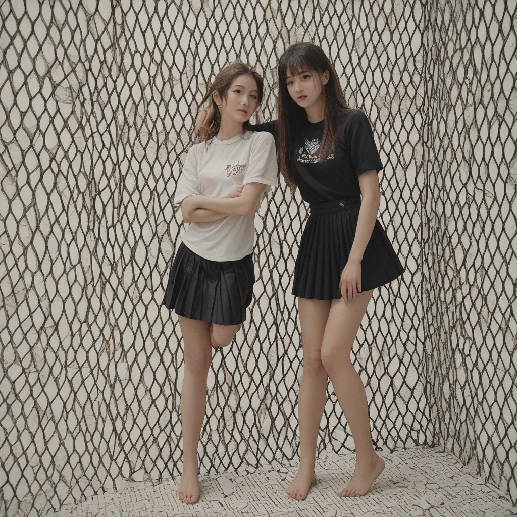 (8k:1.27), best quality, masterpiece, ultra highres:1.2), two kidnapped lesbian goth girls with arm tattoos kissing each other, tattooed girls, full body picture, old black rock band oversized knotted prisoner t-shirt, big t-shirt, short big sleeves, white short sport pants tied with a rope, wearing dirty old goth clothes, dyed yellow blonde hair, short blonde bob hairstyle, blonde hair bangs, kneeling in a dirty room, handcuffed, hands tied with rope behind body, submissive neck choker and leash in neck, 4k or 8k picture, looking at the floor down very sad, very sad face, paisley bandana ribbon hairband, smelly, barefoot, praying, rope hanging from ceiling