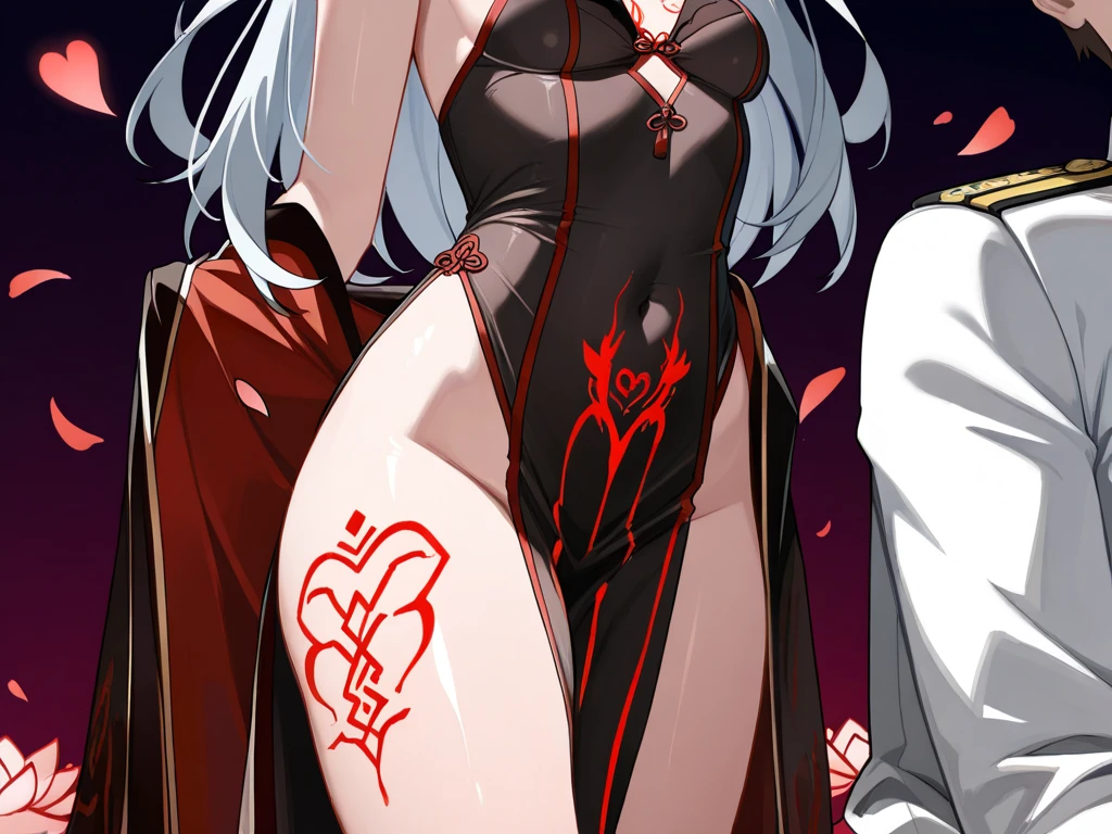 (Masterpiece), Best Quality, ultra-detailed, perfect hands, perfect legs, 1girl (anosillus II, Slender and sexy body, Big and pretty breasts, naked body, dark skin, white hair, very long wave hair, red eyes, half-closed eyes),evil face, smirk, parted lips, mascara, full makeup, black eyeshadow, red lipstick, facing viewer, looking at viewer, , solo, nude,nude, night time, in the bedroom, standing, , Sexy waist teasing, womb tattoos, shoulders tattoos, neck tattoos, back-view