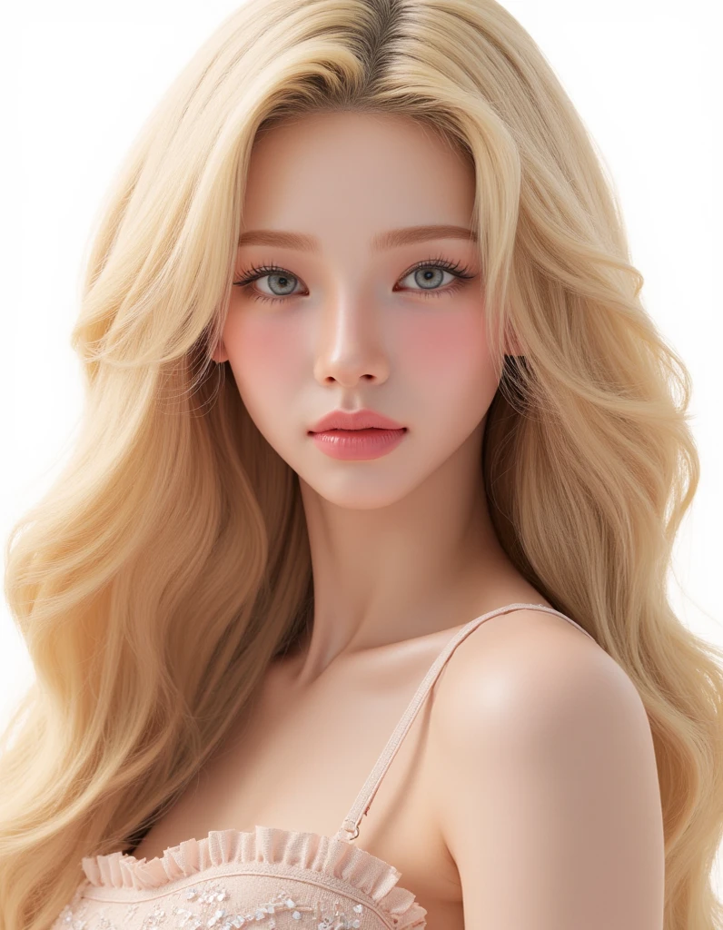 Highest quality，26 years old，woman，Long Hair，Light blonde hair color，Soft wavy hairstyle，With big eyes、Deep blue，Bright、Has a lively expression，Height about 165cm，Bust 86cm，Waist 63cm，Hip 89cm，Healthy and bright skin tone，Thick lips，flom below，