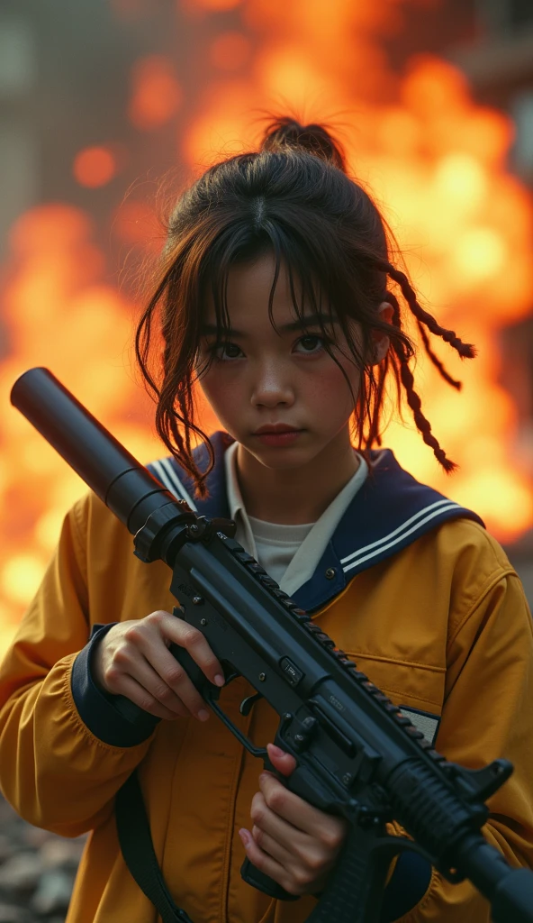 Narrow tank cockpit、Small explosion on the instruments、spark、Red warning light、Desperate look、Japanese girl soldier、Sweat、vapor、cigarette、Grip the control stick、Trembling Body、Dutch Angle、Grit your teeth、