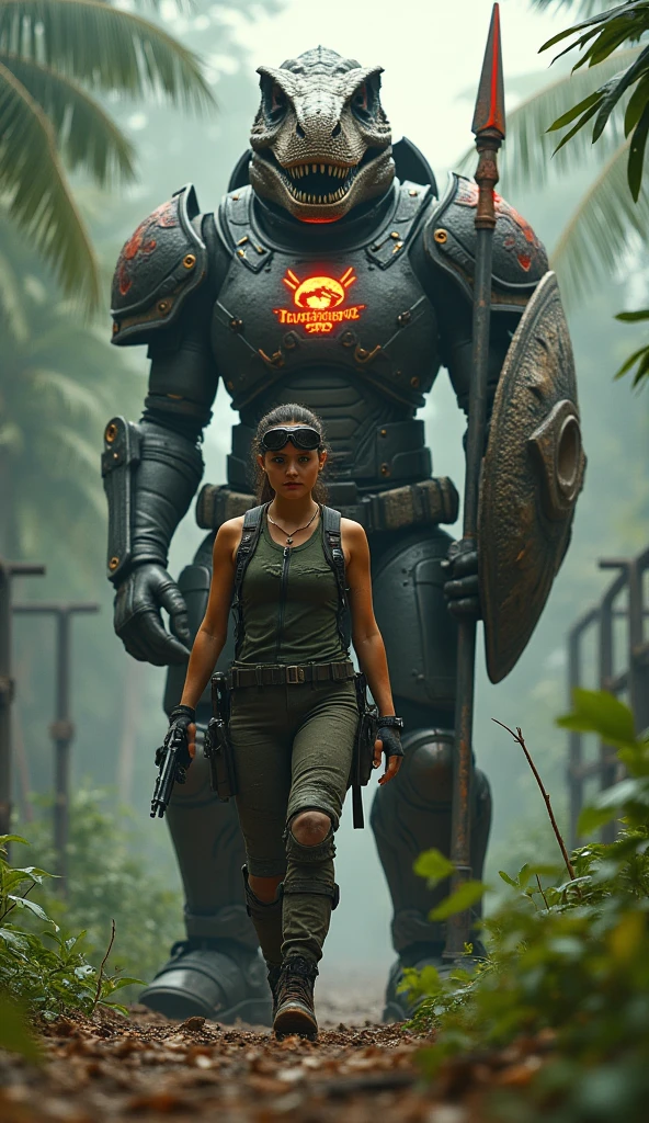 Aerial view, giant Moai statue, petrified beast, sci-fi outdoor maze forest as background. Matrix style, at night, dark sky. (1girl, solo), photo realistic, large-breast:1.2 slim:0.9 body, cleavage:1.2, tube top, miniskirt, (matrix style black sunglasses), (holding a mini:1.1 stun gun), half-body thigh level medium shot, cinematic lighting, ray tracing.