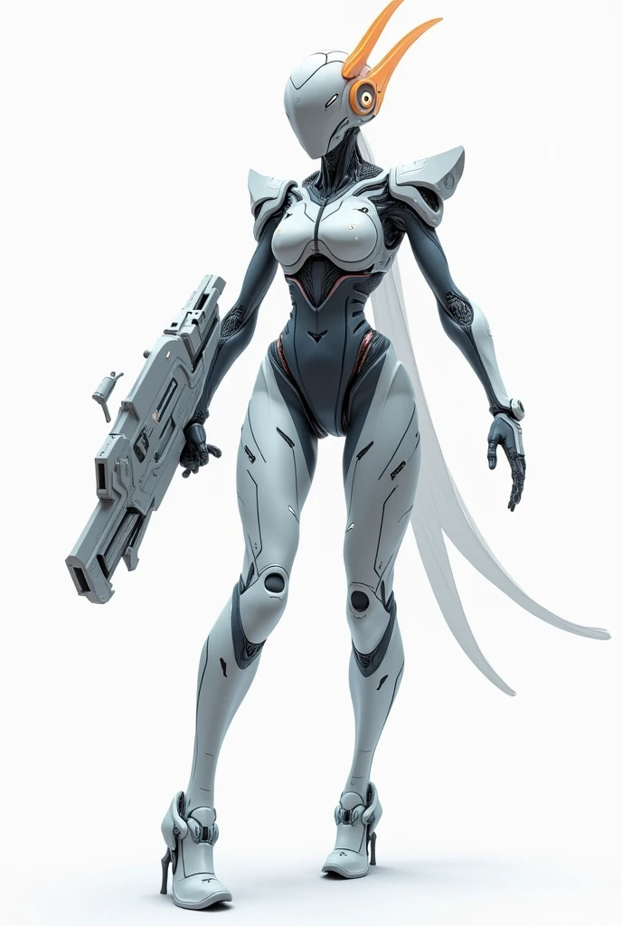 (best quality, master-piece:1.2), a solitary figure, a robot, large build, dark skin, fiery red eyes, barefoot, white hair, (navel:1.2), swimsuit, white background, standing