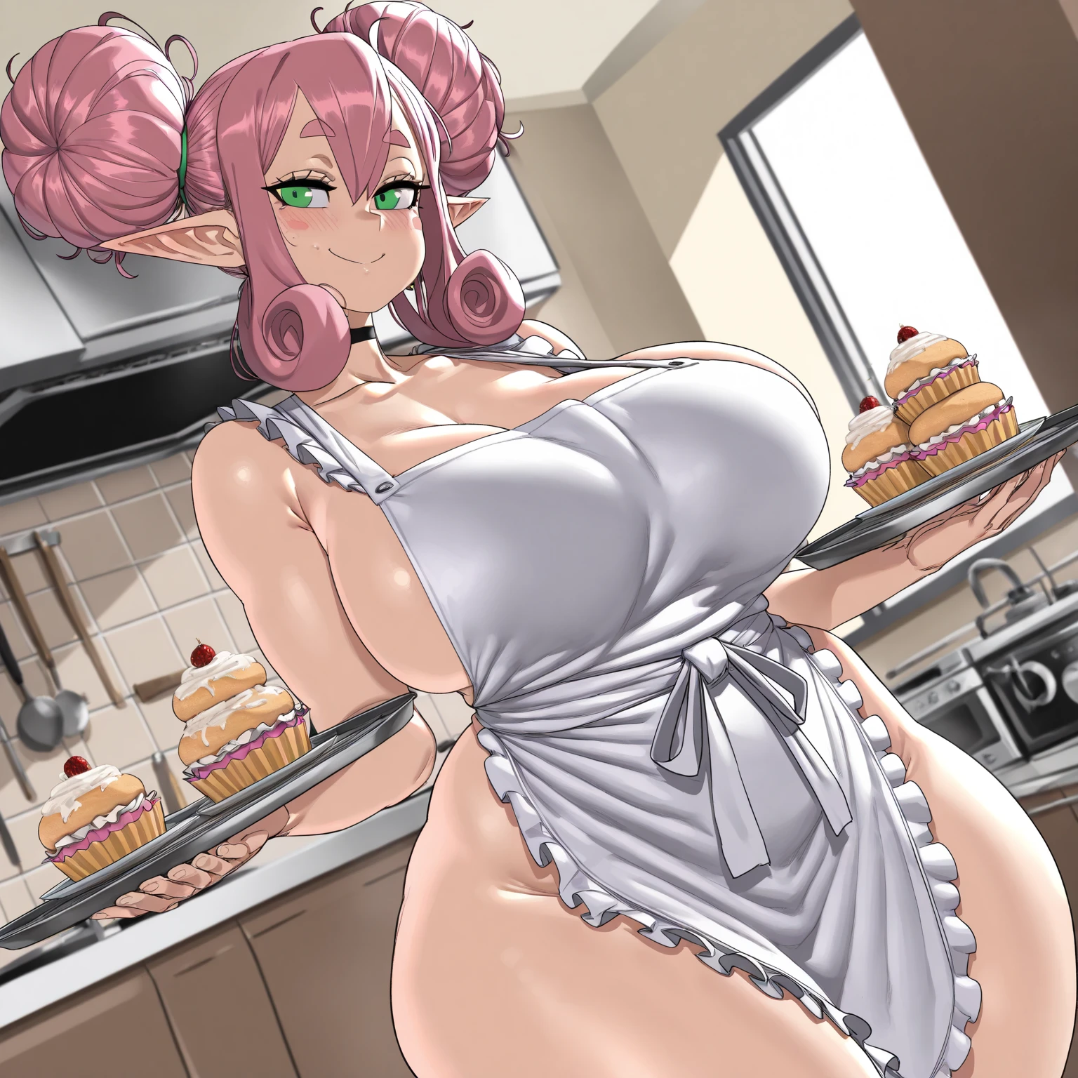 ((2 girls), solo, clevage, Big round perky breasts, lots of clevage, trendy, stylish, clevage, thighs, hips, realistic, pink hair, blonde hair, light green eyes, lip gloss, detailed face, amazing big eyes, eye details, big lips, eyebrow details, blush, naughty, mischevious face, HD, good quality, messy kitchen, sexy, baking chip cookies, chocolate mix on breasts, pink apron, hot, messy flour