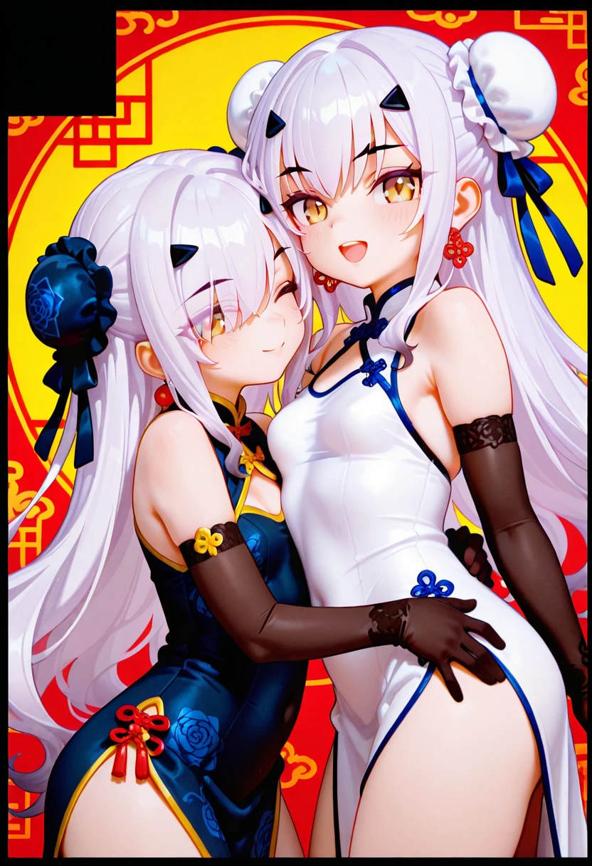 ningguang (genshin impact), 1girl, long hair, breasts, looking at viewer, blush, bangs, multiple girls, large breasts, hair ornament, red eyes, dress, holding, 2girls, bare shoulders, closed mouth, white hair, heart, solo focus, looking back, uncensored, chinese clothes, tassel, china dress