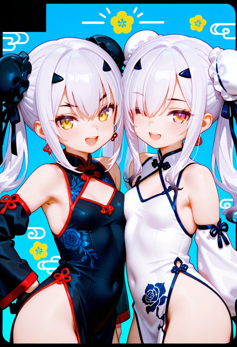 2girls,holding another,object hug,breast press,
Double Buns,short hair,(smirk,naughty face,:D:1.2),Short sleeves,china minidress,