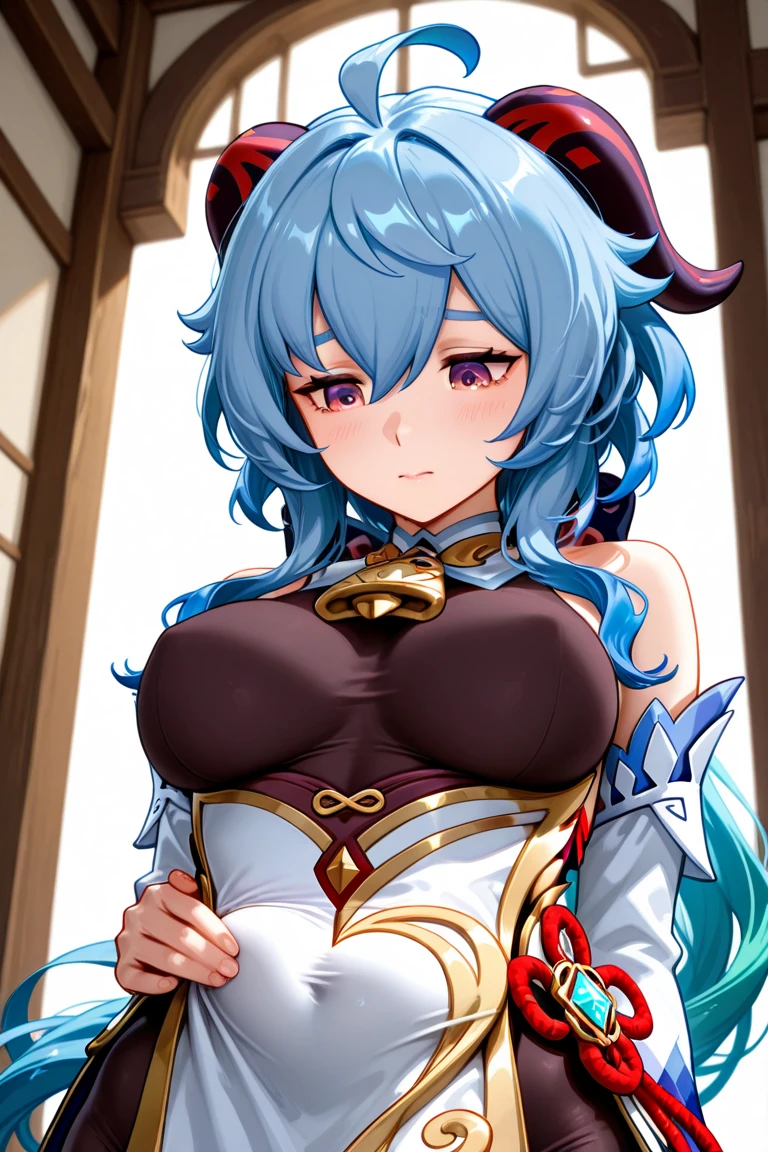 (masterpiece), best quality, expressive eyes, perfect face,Mature female,1 girl (ganyu,Genshin impact),(belly dancer outfit,exposed midriff,topless),royal bedroom background,medium breasts,smile,topless,nipple,slim figure,