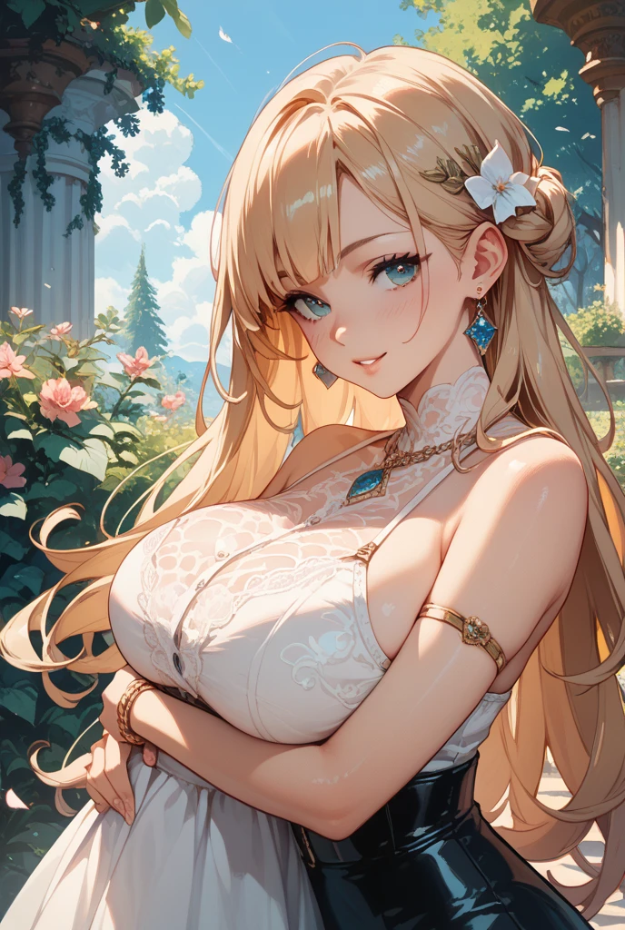 Excellent image quality,tmasterpiece,8K quality,woman,爆乳,big breasts exposed cleavage,huge tit,drooping chest,The mastoid is pronounced,Red belly pocket,Sideburns peony flower,Begonia flowers cover the left eye,Eyes half-open,Blonde crown,