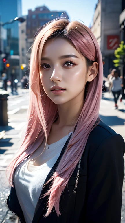 ((Best quality, 8k, Masterpiece :1.3)), Sharp focus :1.2, Perfect body beauty: 1.4, Slim abs: 1.2, ((pink blonde hair: 1.3, Big breasts: 1.2)), (Natural light, City street: 1.1 ), highly detailed facial and skin textures, detailed eyes, double eyelids, (((Gray hoodie revealing cleavage: 1.4, black sports bra :1.3 , pink eyeshadow, white skin))), (((Dynamic Angle, sakura leafs:1.2)))