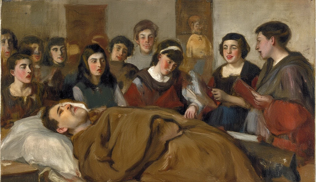 Rubens anatomy lesson, (masterpiece:1.2, best quality:1.2, beautiful, high quality, highres:1.1, aesthetic), detailed, extremely detailed, ambient soft lighting, 4K, perfect eyes, perfect face, perfect lighting, girs and boys, alternate breast size, long black hair, breasts, glowing, glowing eyes, hair between eyes, medium breasts, lips, long hair, looking at viewer, on back, parted lips, plump, blue diamond eyes, blue ocean eyes, solo, medium breasts, arms at sides, (blue theme), Pintura de un grupo de hombres con ropa renacentista alrededor de un hombre en una cama, Pintura de Rembrandt, Oil painting by Rembrandt, por Rembrandt van Rijn, Aceite de Rembrandt, Artistic style of Rembrandt, por Rembrandt, ( Rembrandt ), Rembrandt exhibition, Pintura de estilo Rembrandt, Estilo Rembrandt, Obra maestra holandesa, por Eglon van der Neer, Rembrandt!, Pintura holandesa del Siglo de Oro