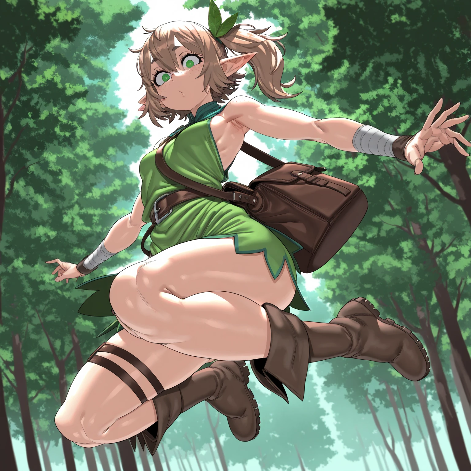 masterpiece, best quality, cartoon,  solo, 1girl, Ayla_CT  <lora:Ayla_CT:0.8>,long blonde curly hair, purple fur scarf, purple skirt, in a wild forest,grin, muscular, jumping, action scene, from side, motion lines,