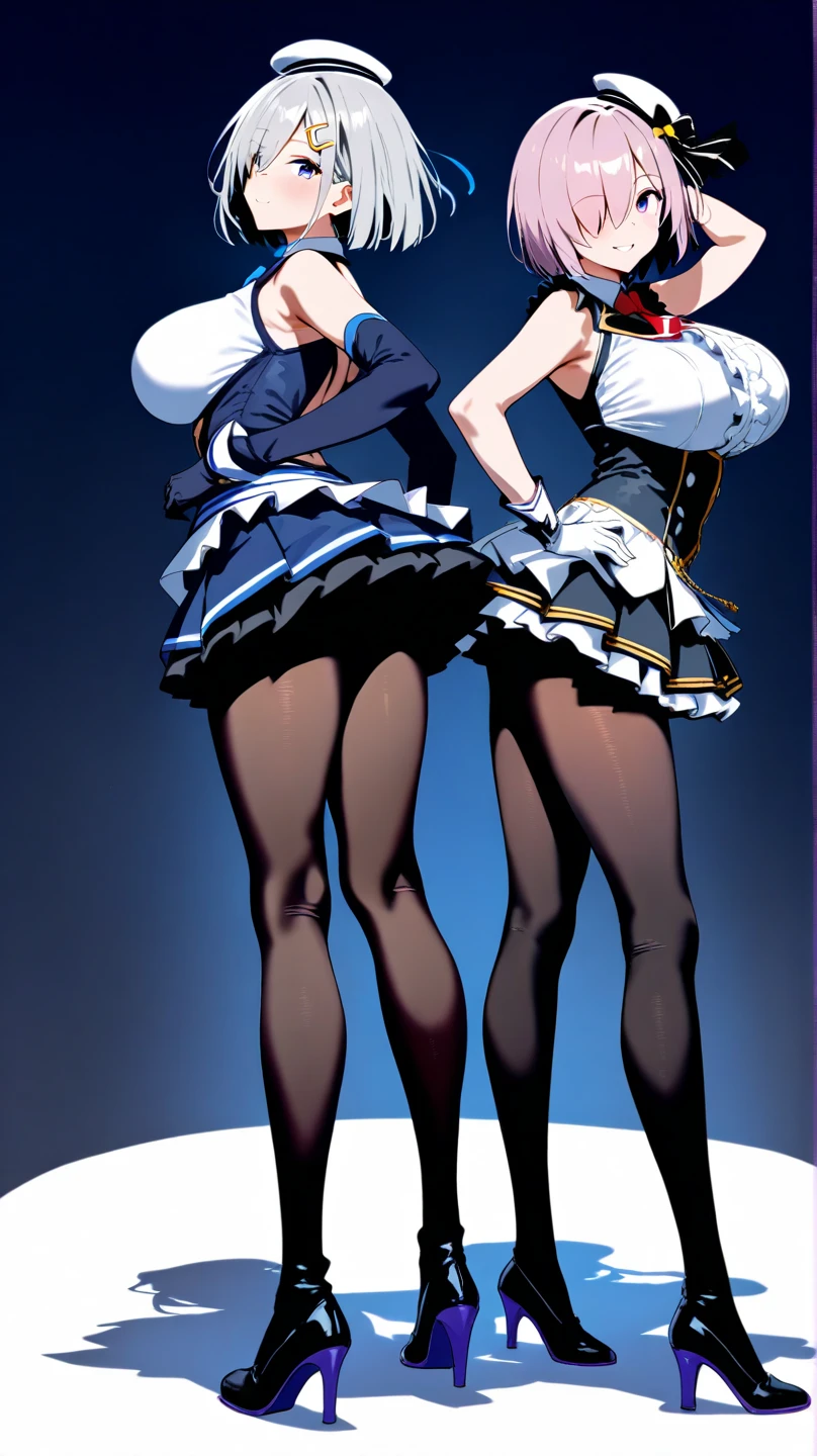 Twin beauties,long leges,Happy expression,Legs slightly open,Butt up