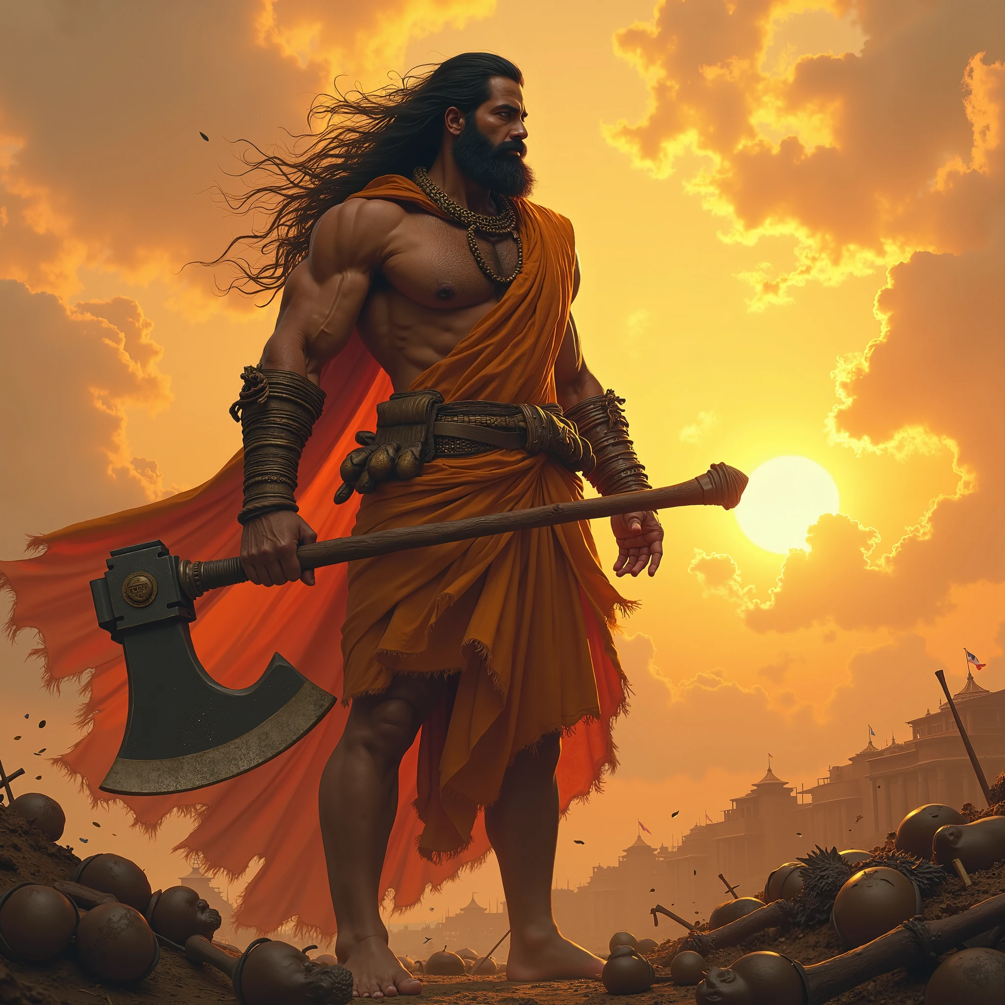 Orisha Black Man, rey, guerreyro, red or brown clothes, on a mountain, lifting a double-sided axe in his hand