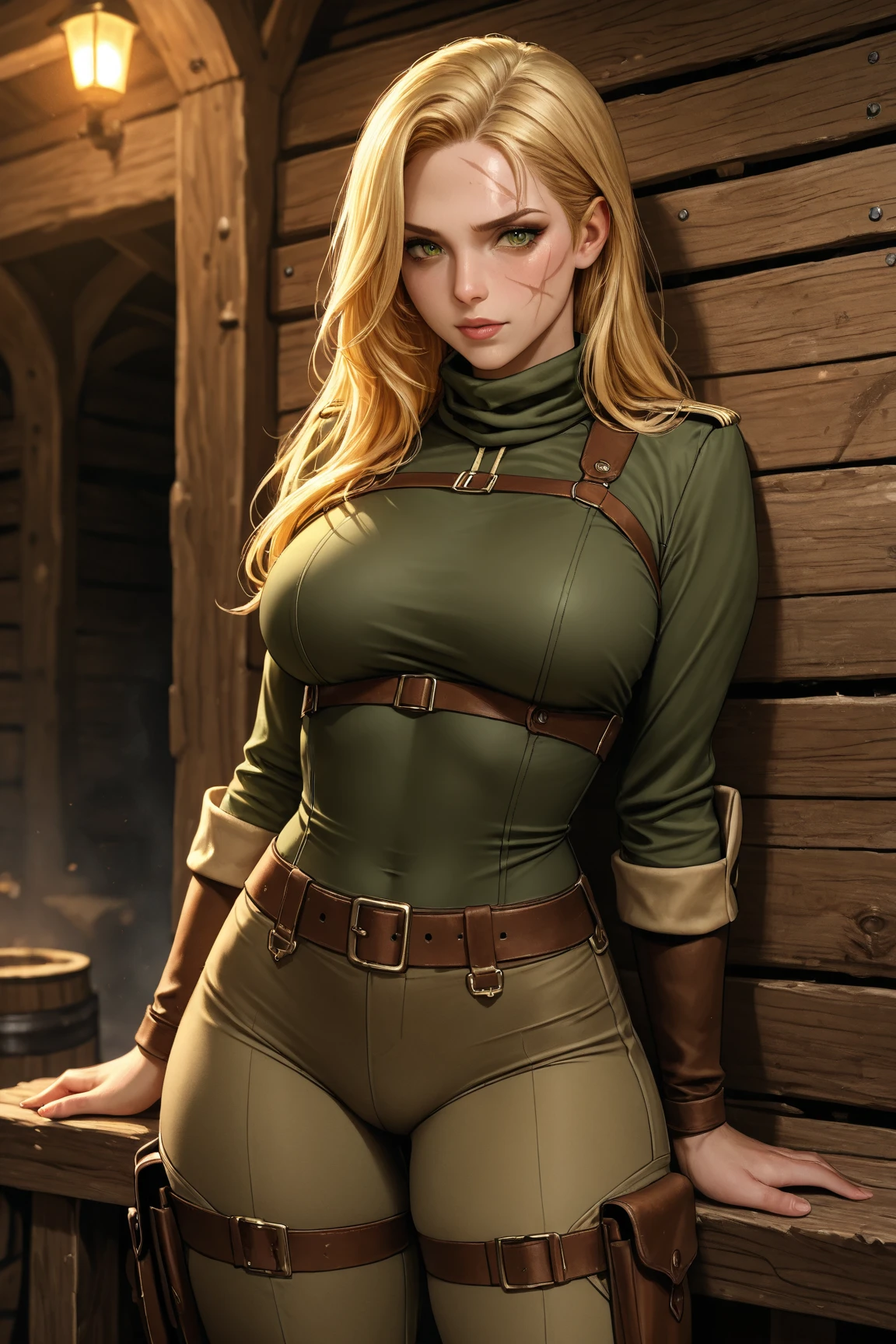 ((Medieval fantasy setting)). ((1girl and 1man)). (beautiful half-elf girl) and (man, a fat, ugly human, wearing grey, shabby clothes, dirty and worn out). (Background: Dark and dirty and deserted alley in city slums. Gray shabby walls.) (Echo is a 22-year-old half-elf. She has light brown skin. Thick light chestnut hair with caramel highlights and soft waves. Brown eyes with green hues. Her beautiful face is oval with soft features and pronounced cheekbones. She has full and attractive lips with. Her ears are small like a human's but pointed like an elf's. Her physique is athletic and slim, she toned and flexible. She has a round and elastic body shapes. Light leather armor emphasizing her figure. Tight-fitting leather shorts highlighting her buttocks and athletic thighs, and a light blue silk shirt buttoned only a few buttons, leaving the cleavage and lower abdomen exposed. Her hair is braided.) (Pose: Eho walks away from (the man who is curled up in pain against the wall). She is half-turned, tossing a coin in his direction. Her right leg is slightly ahead, her left hand tossing the coin, her face calm and slightly satisfied.) (Camera: From below at an angle, shooting from behind, emphasizing her sexual forms and dominance in the situation.) (Tags: pcoin in the air, half-turned, satisfied face, sexual forms, dominance, super detail, high details, high quality, best quality, highres, 4K, Cameltoe, Nipple Outline, Hard Nipples)
