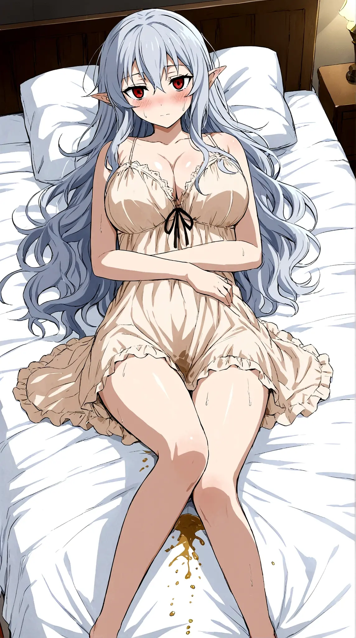 Anime. Owari no Seraph. 1 Girl. Expensive . A vampire. Clumsy mother. Silver hair. Wavy hair. Long hair. Red eyes. Beautiful eyes. Perfect eyes. Expressive eyes. Ideal face. Perfect body. Beautiful long ones. legs. Beautiful nose. 18 years. Big breasts. Lying in bed. Bedroom. Full height. Beautiful character design. Shiny skin. Pointy ears. Nightgown. She has bedwetting. She sleeps in the fetal position. She peed herself in her sleep. A puddle of urine on the sheet. The bottom of my nightgown was wet from urine. A castle in vampire territory. Whole body. NSF. Official art. Extremely detailed CG Unity 8k wallpaper. Ideal lighting. Ultra high resolution 4K. Super detailed 8K. A high resolution.