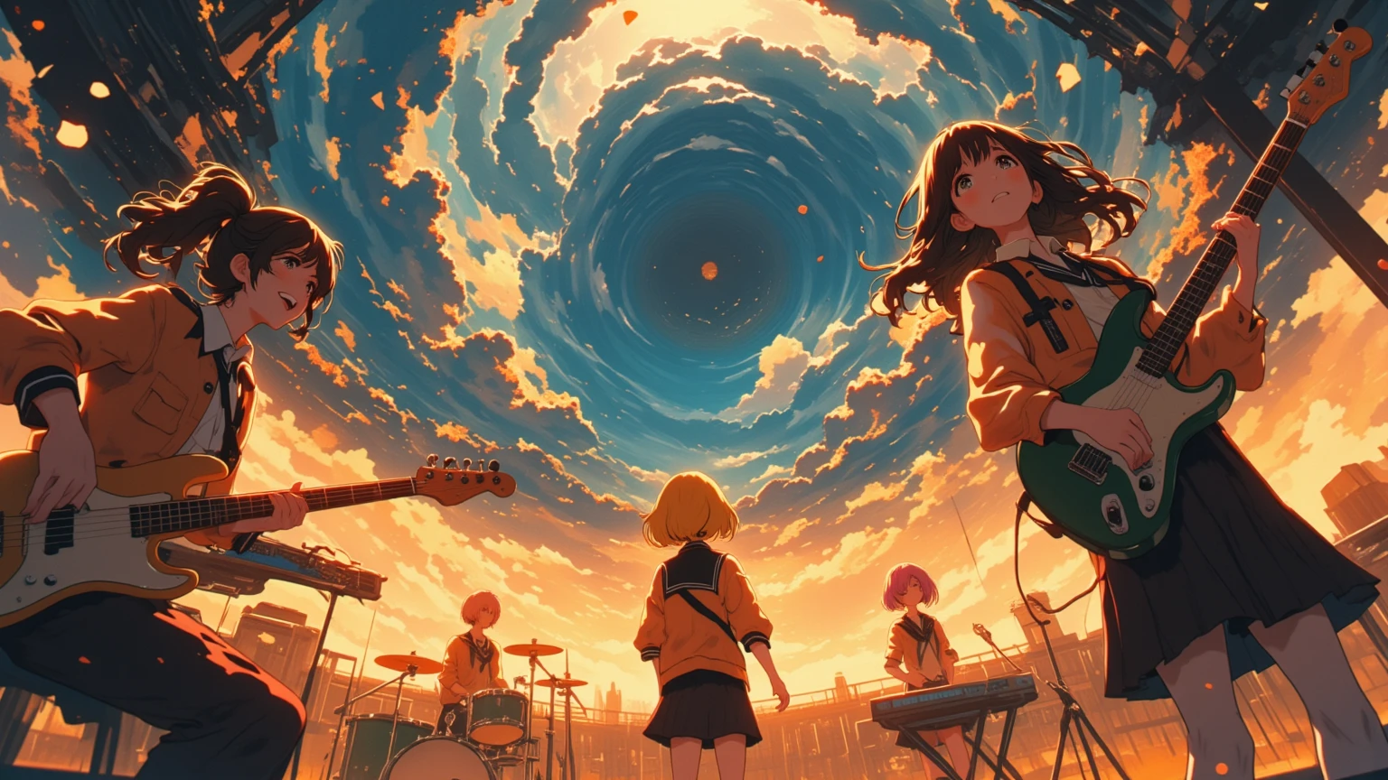A huge typhoon disaster is looming,
Wide-angle shot,

Shout, shout, shout!　Blow away the cumulonimbus clouds!
5girls, anime-style illustration, (detailed face:1.3), 1th electric guiter medium-length wavy brown hair, 2nd Bass guitar yellow ponytail, 3rd drums pink Bobcut, 4th Mysterious hairstyle playing  keyboard, 5th Spiky hairstyle vocalist(Sing with your mouth wide open), school uniform jacket, skirt, on stage, 
shallow depth of field, background blur, foreground blur, (shallow depth of field:1.3), face in focus, 
warm spotlight lighting, cherry blossom petals floating, cinematic atmosphere, vibrant colors, 
A huge cave on top of a high mountain is a concert hall scene, From side, dramatic lighting, (spotlight from above), golden lighting, lens flare, highly detailed, illuminated by spinning penlights, her bangs and side locks accentuating vocalist face against a simple brown background, The sound waves vibrate through the cumulonimbus clouds towering into the sky, even with the howling of the voices. The cumulonimbus clouds scatter.
