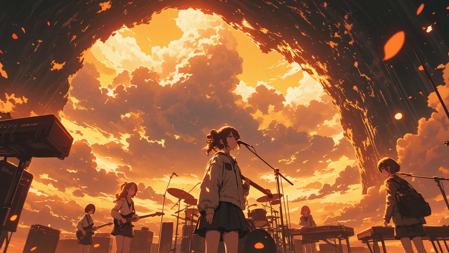 A huge typhoon disaster is looming,
Wide-angle shot,

Shout, shout, shout!　Blow away the cumulonimbus clouds!
5girls, anime-style illustration, (detailed face:1.3), 1th electric guiter medium-length wavy brown hair, 2nd Bass guitar yellow ponytail, 3rd drums pink Bobcut, 4th Mysterious hairstyle playing  keyboard, 5th Spiky hairstyle vocalist(Sing with your mouth wide open), school uniform jacket, skirt, on stage, 
shallow depth of field, background blur, foreground blur, (shallow depth of field:1.3), face in focus, 
warm spotlight lighting, cherry blossom petals floating, cinematic atmosphere, vibrant colors, 
A huge cave on top of a high mountain is a concert hall scene, From side, dramatic lighting, (spotlight from above), golden lighting, lens flare, highly detailed, illuminated by spinning penlights, her bangs and side locks accentuating vocalist face against a simple brown background, The sound waves vibrate through the cumulonimbus clouds towering into the sky, even with the howling of the voices. The cumulonimbus clouds scatter.