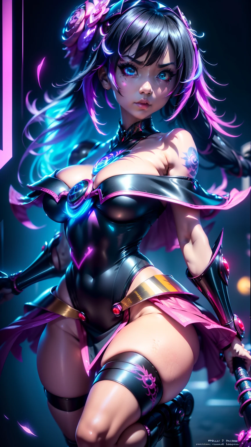 a beautiful young girl, cybergoth style, sensual pose, party outfit, detailed facial features, intricate makeup, neon lights, glowing neon accents, cinematic lighting, hyper-realistic, 8k, photorealistic, masterpiece, award-winning digital art
