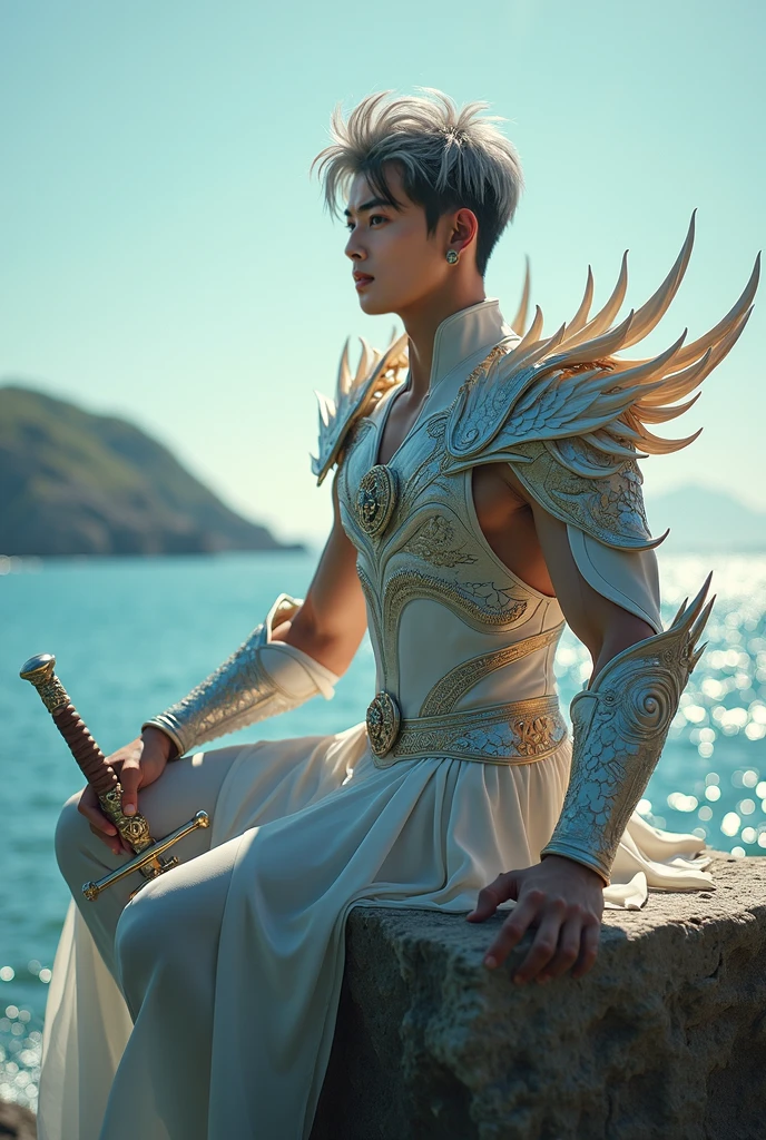 1 Handsome chinese slim guy, 20 years old, short hair, like Mighty Archangel Michael, handsome, kpop idol actor, many jawline, manly chin, Full Body Shoot, (eyes contact), detailed facial parts, Manly, bare chest, six packs attractive body and Quiff haircut :: high detail, is in highly detailed battle armor, holding a detailed flaming blue sword of golden pearls, detailed fingers, a flaming sacred aura radiating from his body, stylish model pose, moon background, surreal, fantasy, magical, intricate details, depth of field. Best quality, masterpiece, ultra high resolution, (anime realism, photorealistic: 1.4), perfect composition, centered, symmetry 
