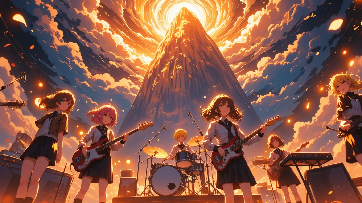 A huge typhoon disaster is looming,
Wide-angle shot,

Shout, shout, shout!　Blow away the cumulonimbus clouds!
5girls, anime-style illustration, (detailed face:1.3), 1th electric guiter medium-length wavy brown hair, 2nd Bass guitar yellow ponytail, 3rd drums pink Bobcut, 4th Mysterious hairstyle playing  keyboard, 5th Spiky hairstyle vocalist(Sing with your mouth wide open), school uniform jacket, skirt, on stage, 
shallow depth of field, background blur, foreground blur, (shallow depth of field:1.3), face in focus, 
warm spotlight lighting, cherry blossom petals floating, cinematic atmosphere, vibrant colors, 
A huge cave on top of a high mountain is a concert hall scene, From side, dramatic lighting, (spotlight from above), golden lighting, lens flare, highly detailed, illuminated by spinning penlights, her bangs and side locks accentuating vocalist face against a simple brown background, The sound waves vibrate through the cumulonimbus clouds towering into the sky, even with the howling of the voices. The cumulonimbus clouds scatter.