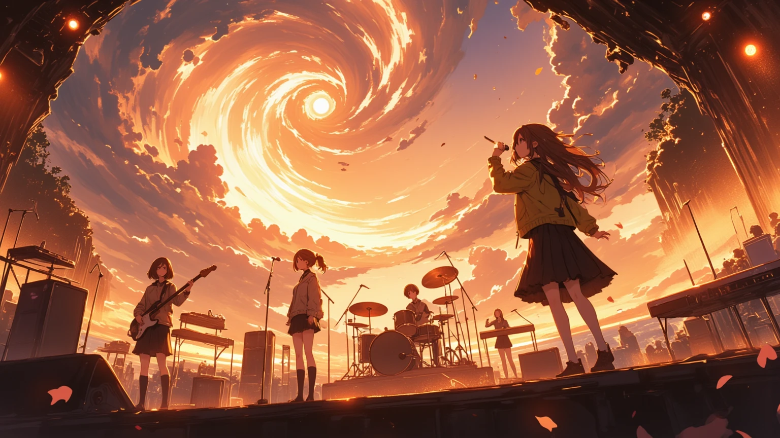 A huge typhoon disaster is looming,
Wide-angle shot,

Shout, shout, shout!　Blow away the cumulonimbus clouds!
5girls, anime-style illustration, (detailed face:1.3), 1th electric guiter medium-length wavy brown hair, 2nd Bass guitar yellow ponytail, 3rd drums pink Bobcut, 4th Mysterious hairstyle playing  keyboard, 5th Spiky hairstyle vocalist(Sing with your mouth wide open), school uniform jacket, skirt, on stage, 
shallow depth of field, background blur, foreground blur, (shallow depth of field:1.3), face in focus, 
warm spotlight lighting, cherry blossom petals floating, cinematic atmosphere, vibrant colors, 
A huge cave on top of a high mountain is a concert hall scene, From side, dramatic lighting, (spotlight from above), golden lighting, lens flare, highly detailed, illuminated by spinning penlights, her bangs and side locks accentuating vocalist face against a simple brown background, The sound waves vibrate through the cumulonimbus clouds towering into the sky, even with the howling of the voices. The cumulonimbus clouds scatter.
