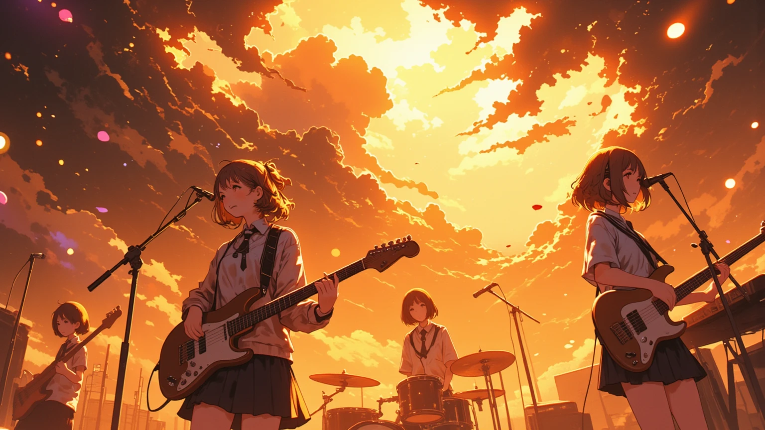 A huge typhoon disaster is looming,
Wide-angle shot,

Shout, shout, shout!　Blow away the cumulonimbus clouds!
5girls, anime-style illustration, (detailed face:1.3), 1th electric guiter medium-length wavy brown hair, 2nd Bass guitar yellow ponytail, 3rd drums pink Bobcut, 4th Mysterious hairstyle playing  keyboard, 5th Spiky hairstyle vocalist(Sing with your mouth wide open), school uniform jacket, skirt, on stage, 
shallow depth of field, background blur, foreground blur, (shallow depth of field:1.3), face in focus, 
warm spotlight lighting, cherry blossom petals floating, cinematic atmosphere, vibrant colors, 
A huge cave on top of a high mountain is a concert hall scene, From side, dramatic lighting, (spotlight from above), golden lighting, lens flare, highly detailed, illuminated by spinning penlights, her bangs and side locks accentuating vocalist face against a simple brown background, The sound waves vibrate through the cumulonimbus clouds towering into the sky, even with the howling of the voices. The cumulonimbus clouds scatter.