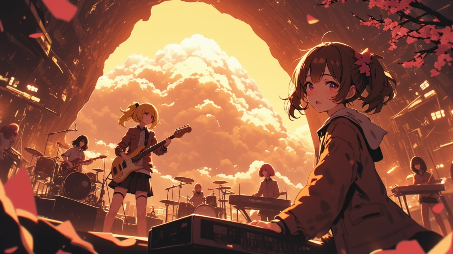 A huge typhoon disaster is looming,
Wide-angle shot,

Shout, shout, shout!　Blow away the cumulonimbus clouds!
5girls, anime-style illustration, (detailed face:1.3), 1th electric guiter medium-length wavy brown hair, 2nd Bass guitar yellow ponytail, 3rd drums pink Bobcut, 4th Mysterious hairstyle playing  keyboard, 5th Spiky hairstyle vocalist(Sing with your mouth wide open), school uniform jacket, skirt, on stage, 
shallow depth of field, background blur, foreground blur, (shallow depth of field:1.3), face in focus, 
warm spotlight lighting, cherry blossom petals floating, cinematic atmosphere, vibrant colors, 
A huge cave on top of a high mountain is a concert hall scene, From side, dramatic lighting, (spotlight from above), golden lighting, lens flare, highly detailed, illuminated by spinning penlights, her bangs and side locks accentuating vocalist face against a simple brown background, The sound waves vibrate through the cumulonimbus clouds towering into the sky, even with the howling of the voices. The cumulonimbus clouds scatter.