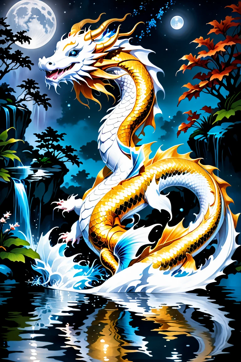 
/Imagine a Japanese dragon, The White Dragon is majestic and powerful., long, Curled up body and intense expression. The background features traditional Japanese ornaments and symbols., firework,  The colors are vibrant and bold, Create a vibrant and energetic scene.The background is a large waterfall