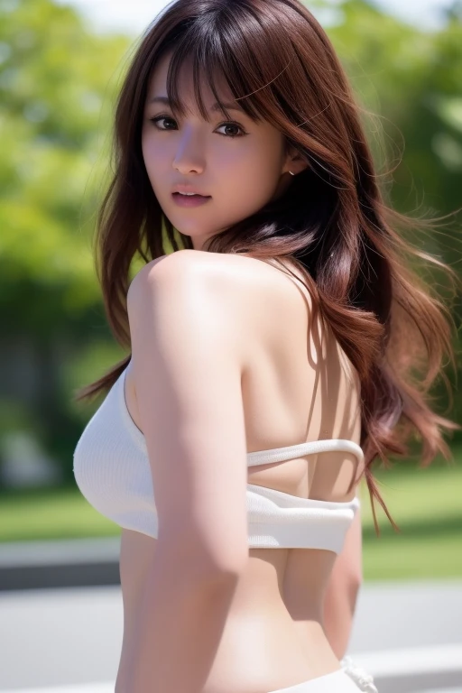 ((Best quality, 8K, masterpiece:1.3)),1girl,18 years old,Asian,Real texture:1.3,(Background blur:1.3),Dress Up,Tall and slender figure:1.2,(Hot summer weather),(garden:1.3),Highly detailed face and skin textures,Exquisite eyes,Long eyelashes,Double eyelids,Skin Whitening,happy,Big breasts