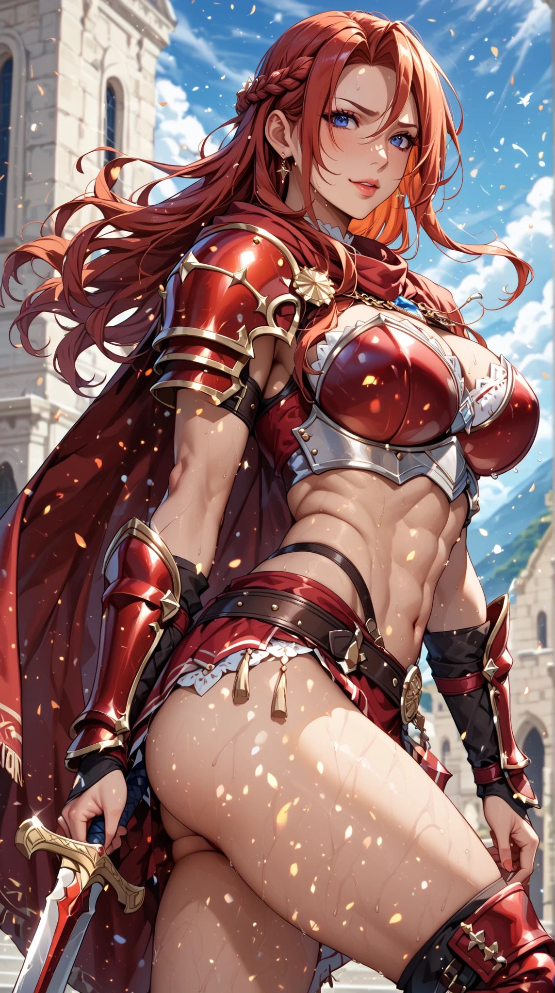 (Beautiful horror image), (woman), (blood queen:1.2), (armor with fur:1.1), (dark skin), (blood red armor:1.1), (yellow short hair:1.1), (blood drips:1.1), (blood wet skin:1.1), bone poncho, (dark limbo), sexy pose, 8K, (hyper realistic), (highest detailed), (masterpiece), (best quality), (high resolution), (sharp focused), (wallpaper), (intricate detail), (highest quality), (detailed face and eyes:1.2), (perfect anatomy), (round breasts), (bubble butt), (wide hips:1.1), (slim waist:1.1), (thick thighs:1.1), (detailed background), (perfect nails:1.1), (detailed hand and finger:1.2), (medium breasts:1.2), (busty), (deep cleavage:1.2), (labia outline:1.3), (hard teat:1.3).