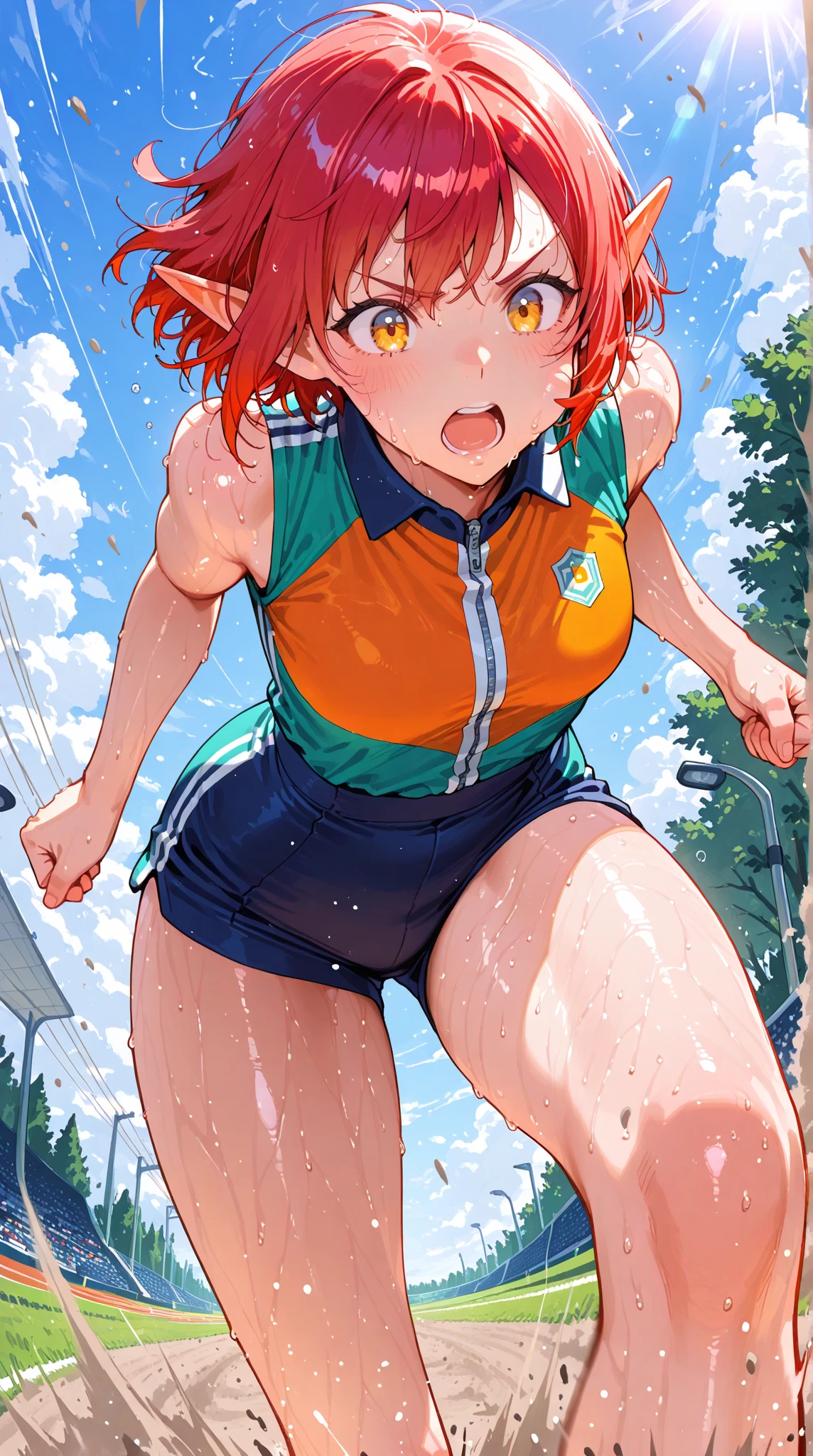 {{{masterpiece}}}, {{{best quality}}}, {{ultra-detailed}}, {illustration}, {{an extremely delicate and beautiful,high resolution, ultra-detailed,,perfect face,slender perfect body, Tight belly,Toned buttocks,Constricted waist}},,(((1 girls to 100m run start))),(painful face), (wear a headband),15yo,((pink:-1.5) ,(red:-1.5) ,(blue:-1.5) hair), (braided short hair), (braided long hair), shy daughter, short stature, small tits,(flom track and field), (fashionable track and field athlete),(bike shorts), small tits, (wet:1.2), track and field,((very wide shot )),clothnipples visible throughes