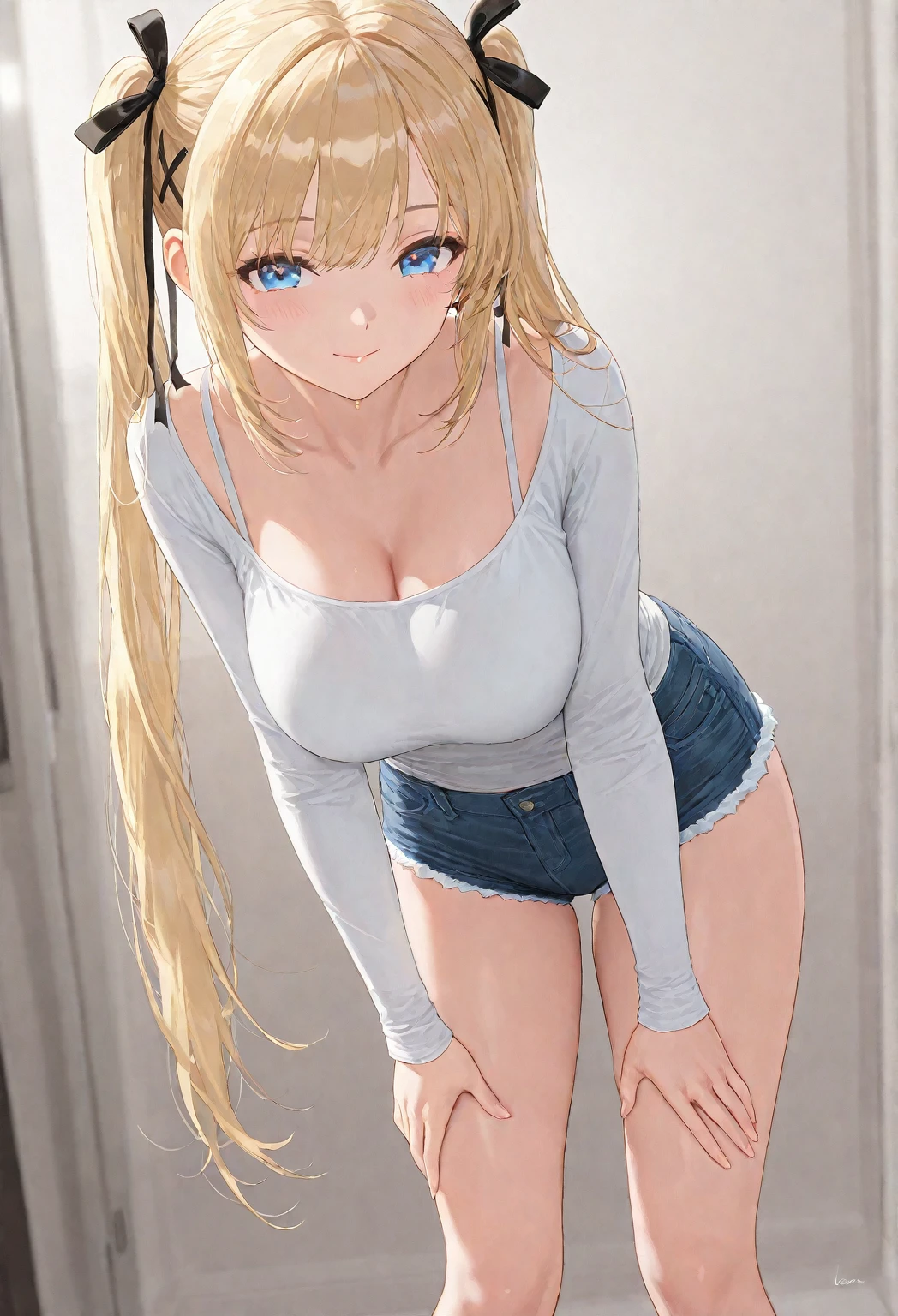 (8K, Raw photography, top-quality, masterpiece:1.2), 1girl in, 3 d, a blond、The long-haired、Asian, No bangs、brow、Forehead, Bare_shoulders, White tank top、hotpants、Fundo sala de estar、Relaxing、Open front、panties on, The shirt, 独奏, undergarment, The upper part of the body_Body, , white_Panties, white_Shirt,shinny skin、Beautiful delicate face、Beautiful delicate eyes、(realisitic、Photo Real:1)、、A smile