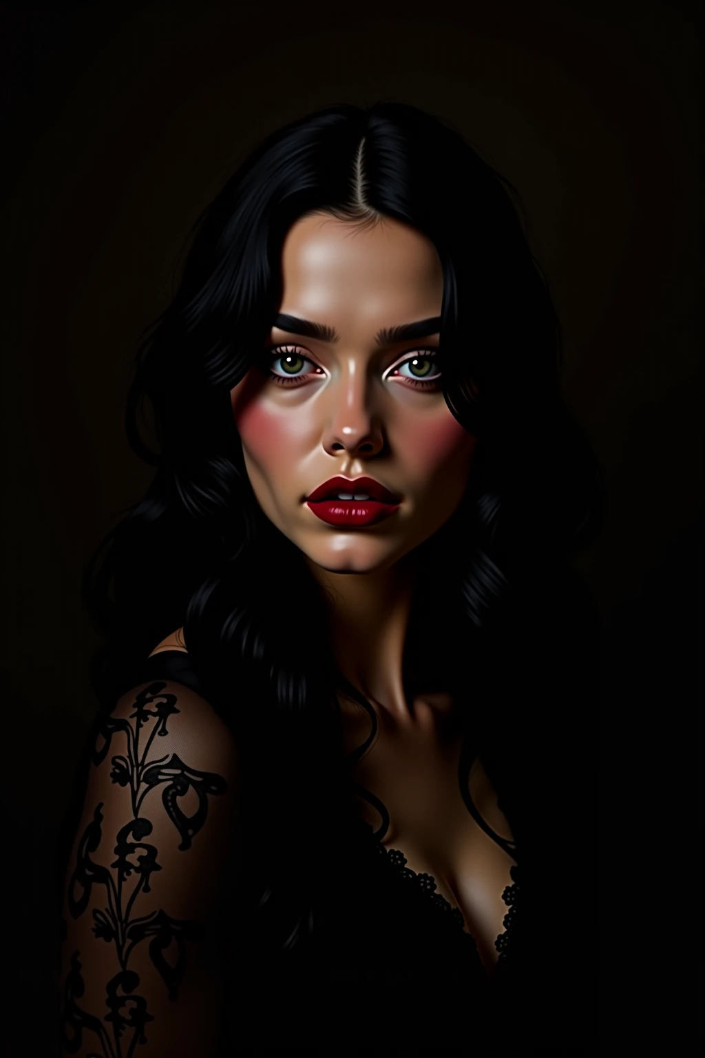 a beautiful femme fatale with long flowing hair, hyper realistic, ethereal, dramatic lighting, moody and mysterious, (best quality,4k,8k,highres,masterpiece:1.2),ultra-detailed,(realistic,photorealistic,photo-realistic:1.37),extremely detailed face,deep eyes,full lips,elegant pose,dramatic shadow,dramatic color palette,cinematic,chiaroscuro,dramatic atmosphere,ethereal