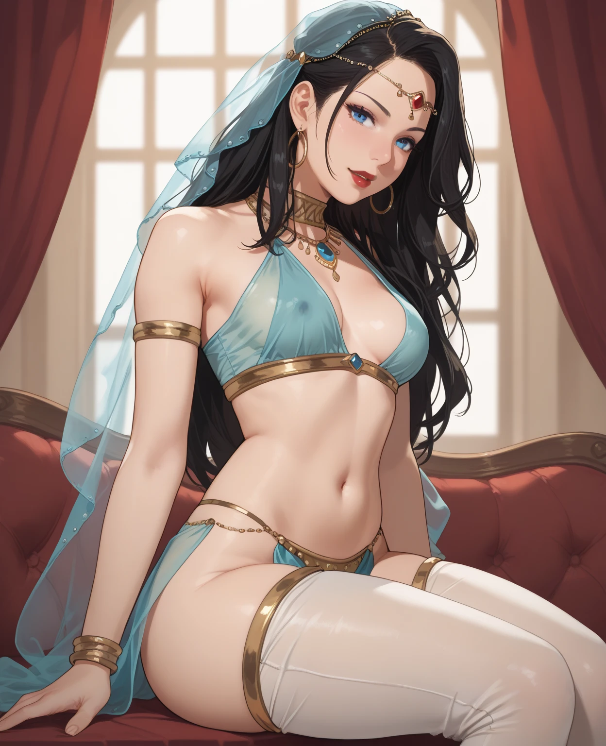 Photorealistic, raw photo, hyper detailed, detailed background, studio lights, chromatic freak, best shadows, solo, 1 woman, an arabian princess, brown skin, brown eyes, wearing sexy Royal BLUE clothing, Medieval Arabia, shoulders showing, navel showing, lace, makeup, small tight breasts, flowers, plants, shiny skin, realistic skin texture, HDR, 8K, sharp focus, cinematic, on a couch, intimidating, low angle shot, showing her perfect feet, (((feet fetish))),