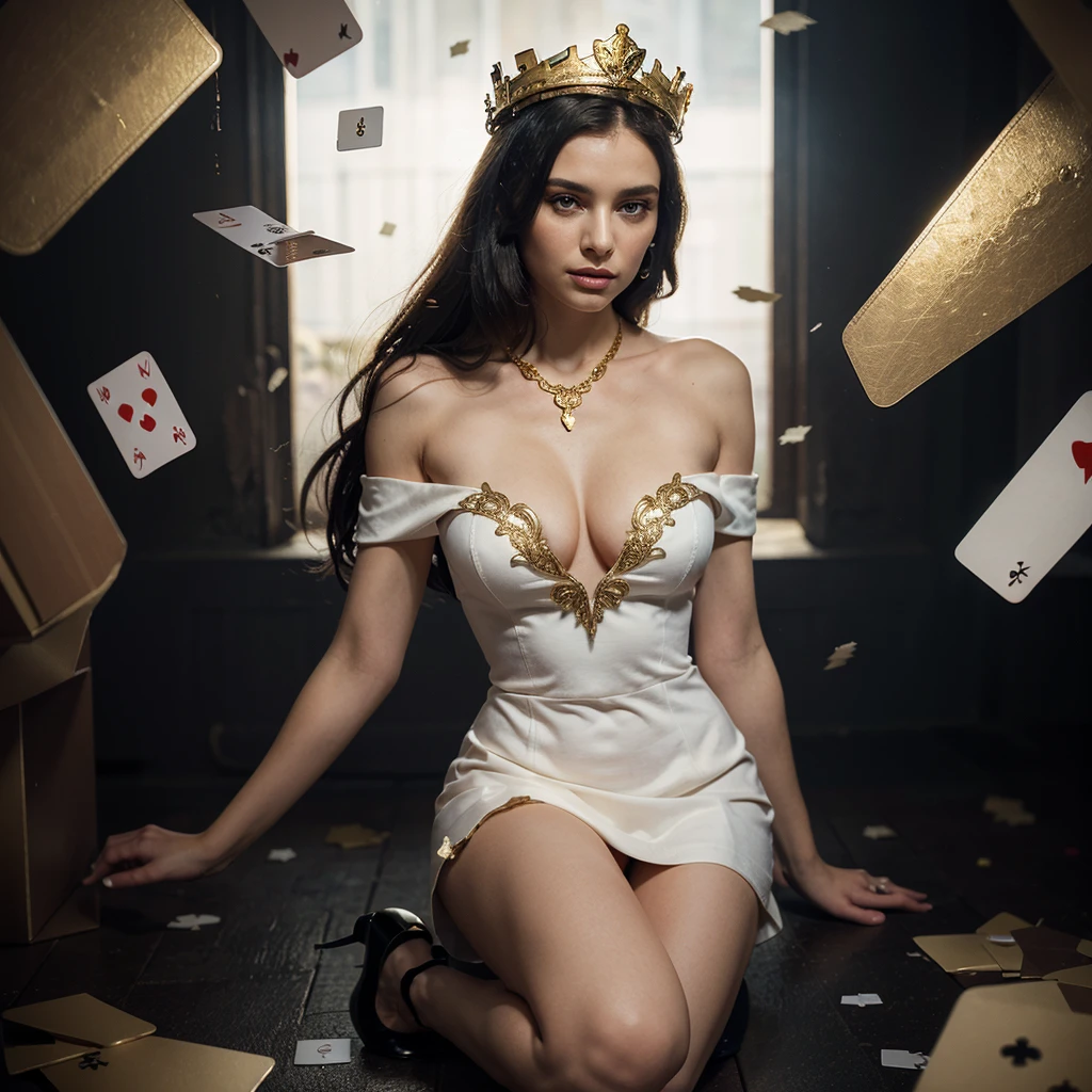 (Masterpiece, of the highest quality)
alice horror, 1 girl, alone, black fur, wonderland background, mariposa、Alice with a big knife in her hand.、severed head figurine、(Tremendously big)、(big breasts 200.0)v neck dress(red and white dress with playing cards)spooky clock、Cheshire Cat、soldiers of triumph